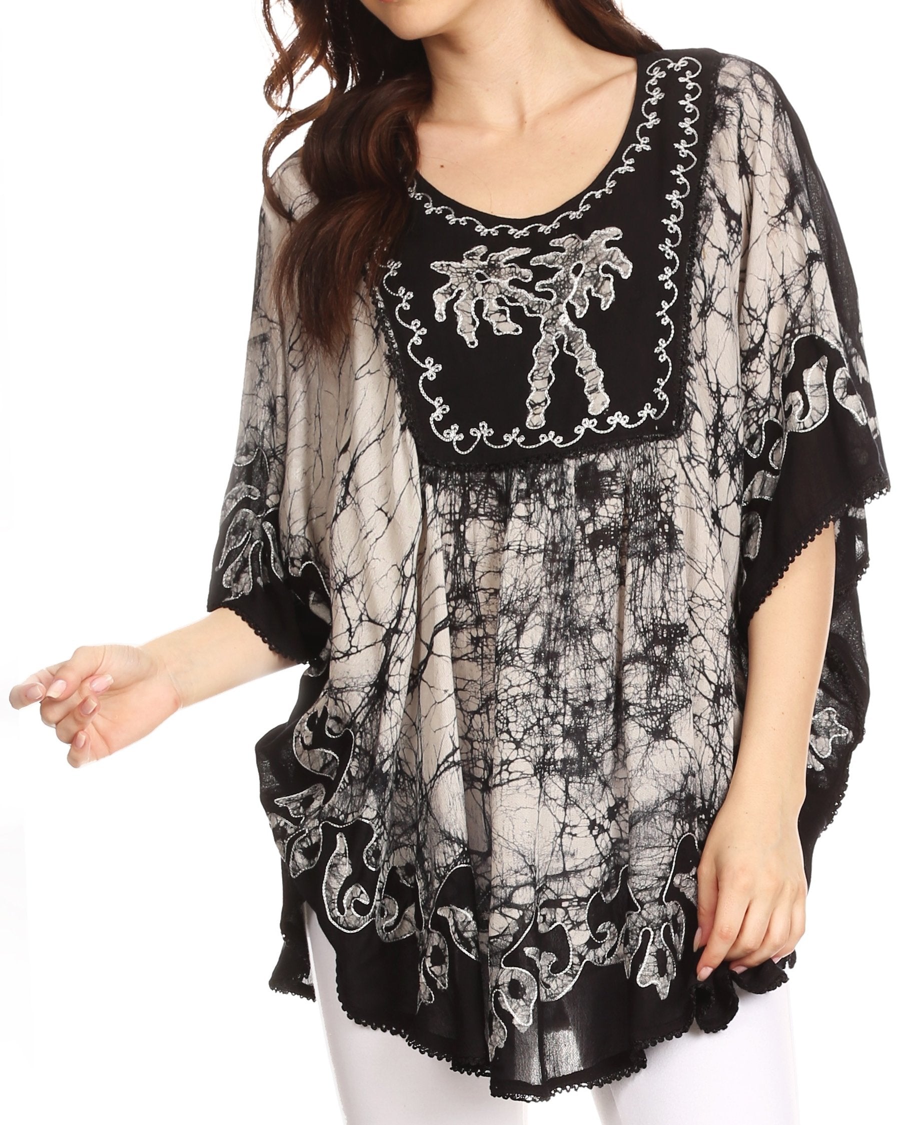 Sakkas - Lynda Two Tone Batik Embroidered Palm Tree Peasant Top / Poncho