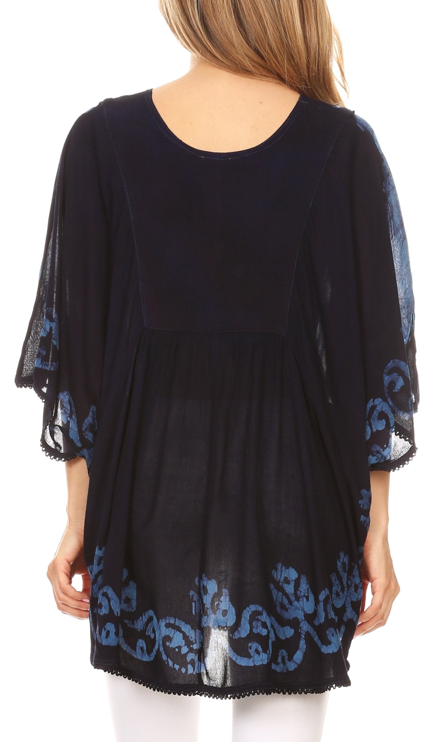 Sakkas - Lynda Two Tone Batik Embroidered Palm Tree Peasant Top / Poncho
