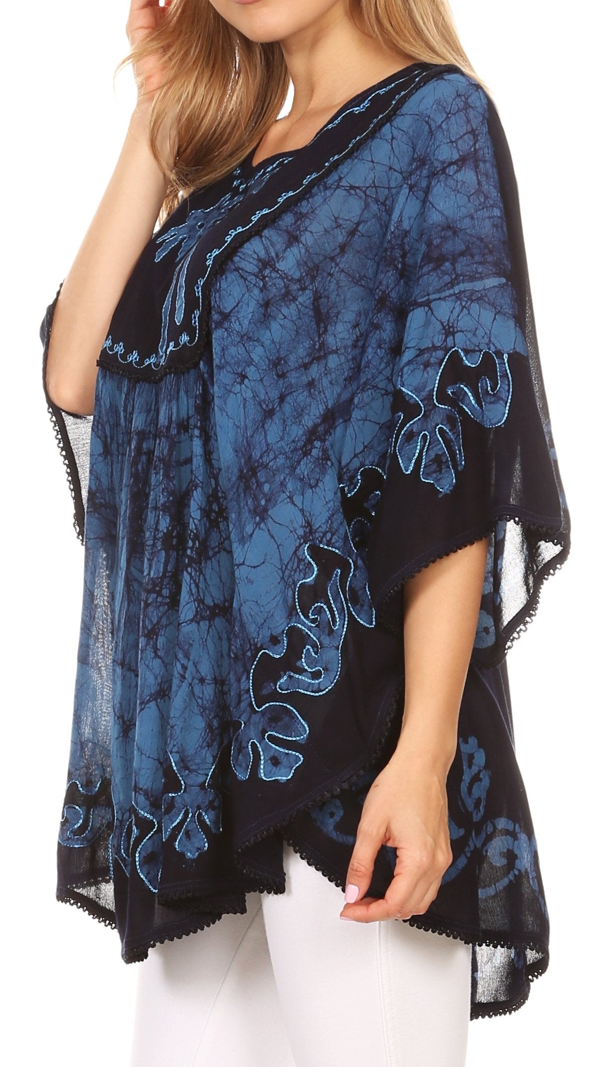 Sakkas - Lynda Two Tone Batik Embroidered Palm Tree Peasant Top / Poncho