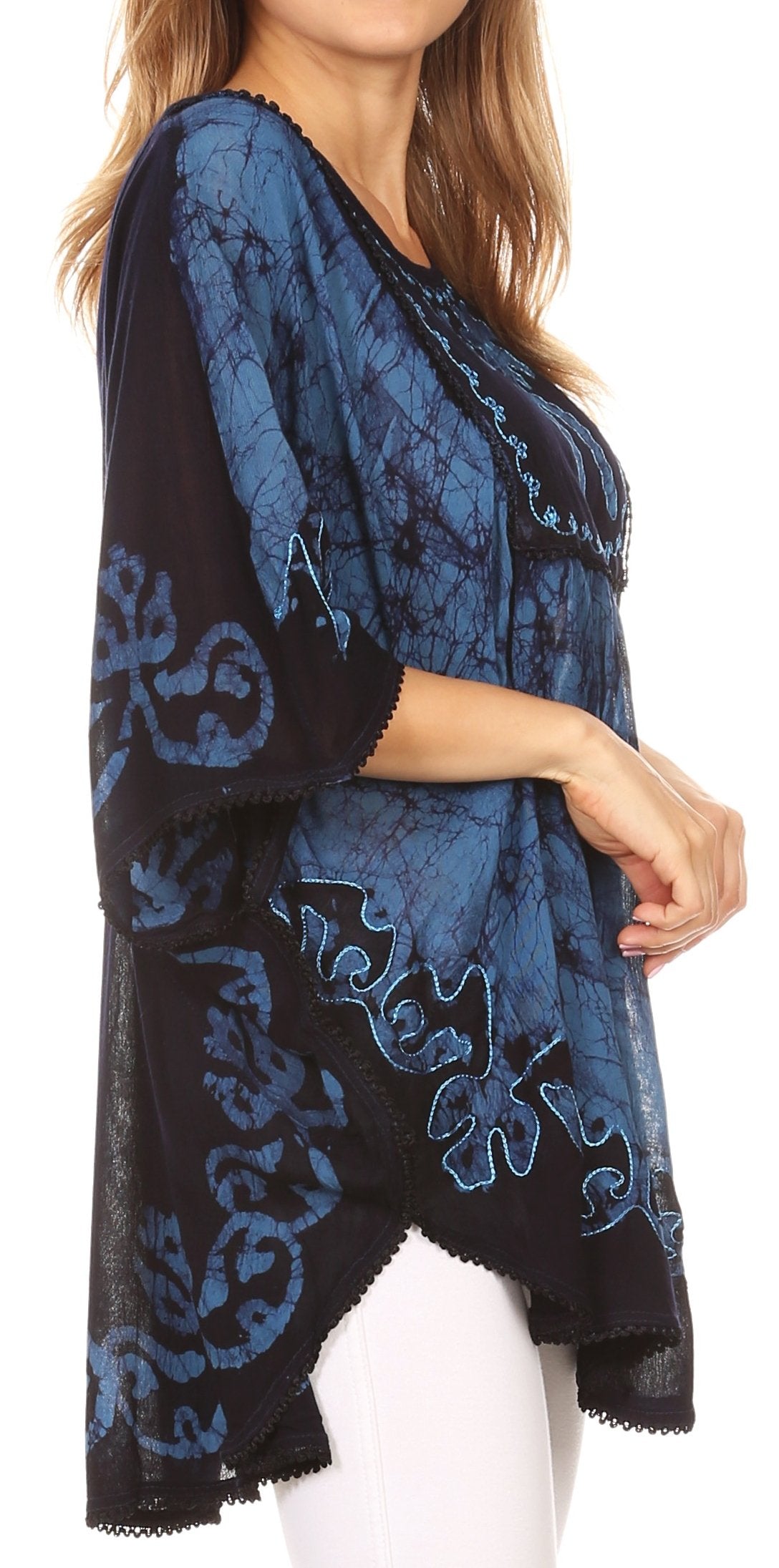 Sakkas - Lynda Two Tone Batik Embroidered Palm Tree Peasant Top / Poncho