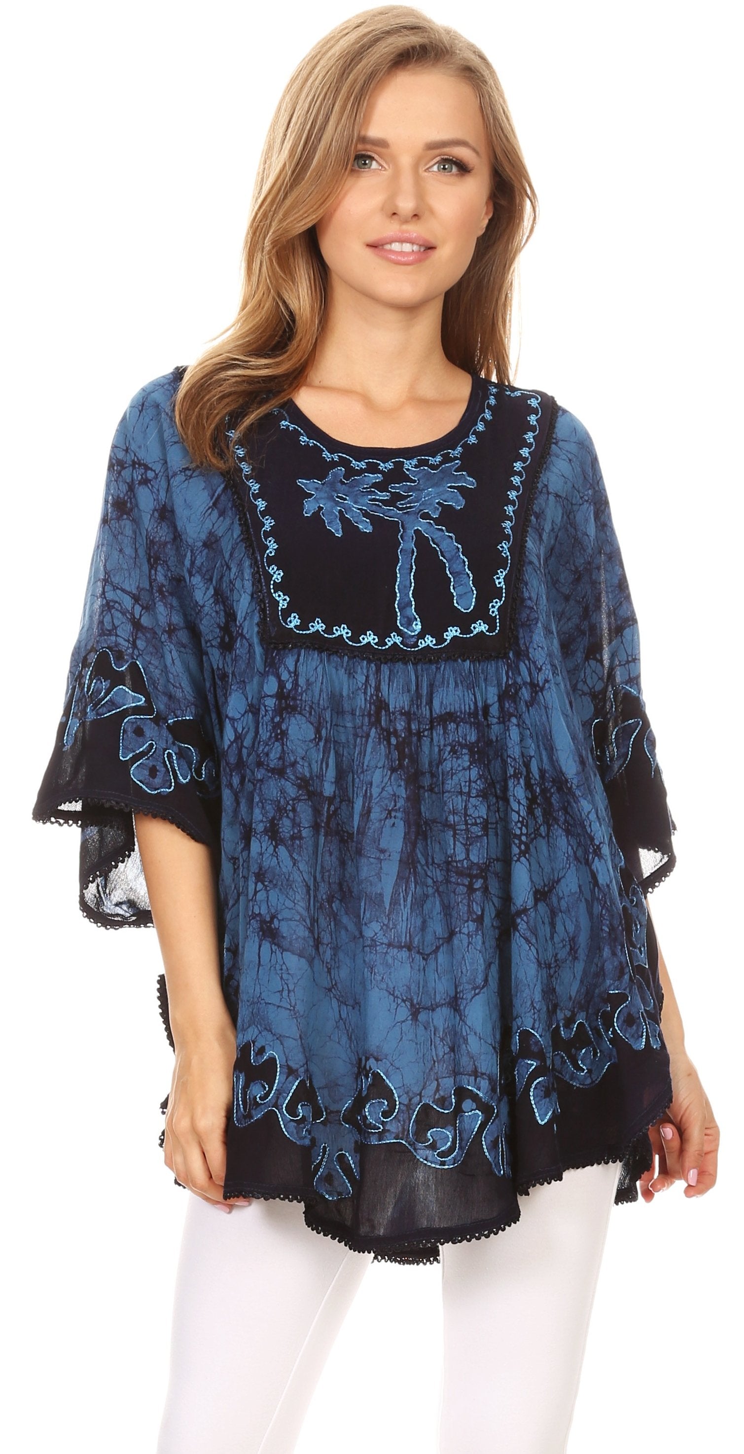 Sakkas - Lynda Two Tone Batik Embroidered Palm Tree Peasant Top / Poncho