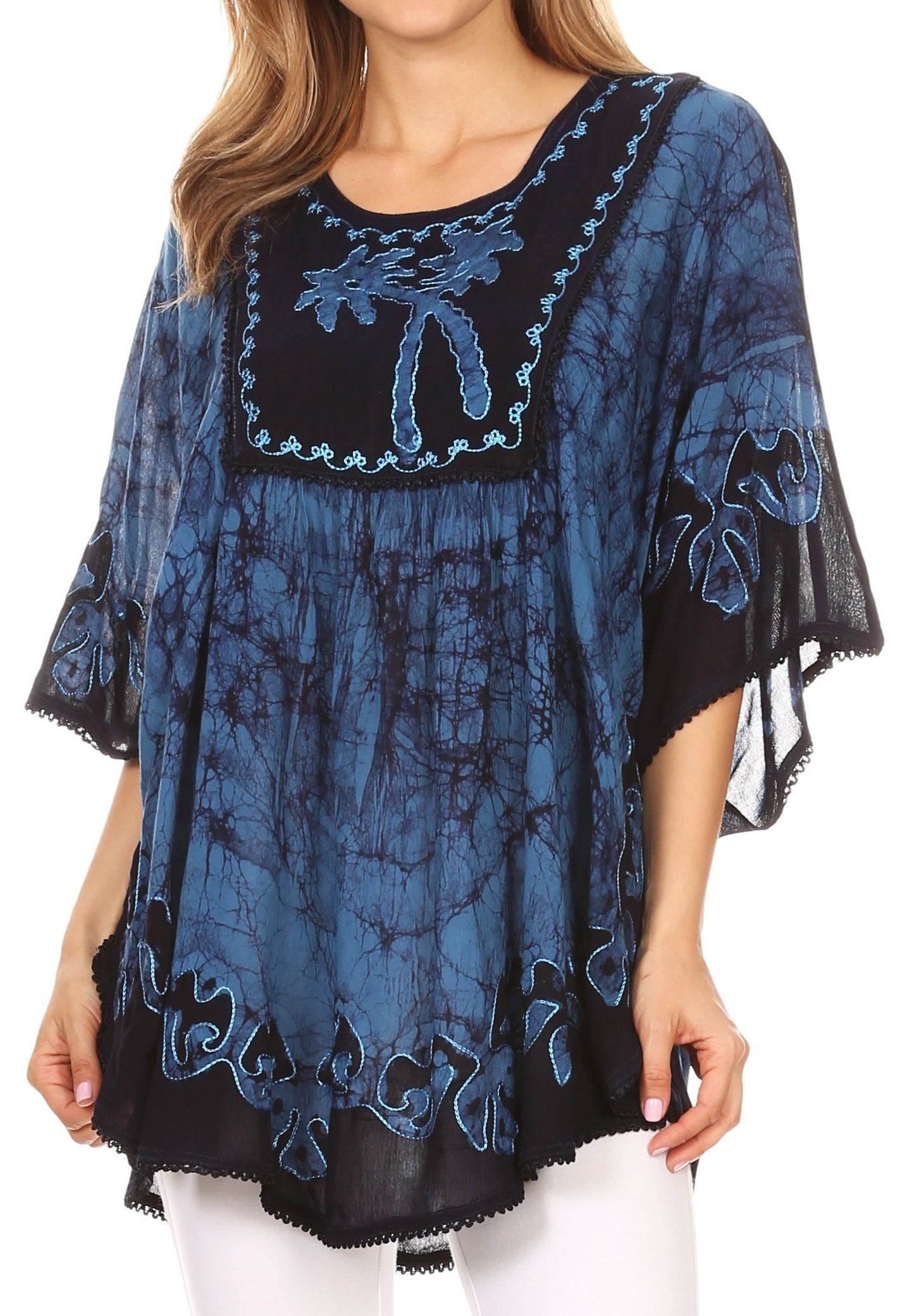 Sakkas - Lynda Two Tone Batik Embroidered Palm Tree Peasant Top / Poncho