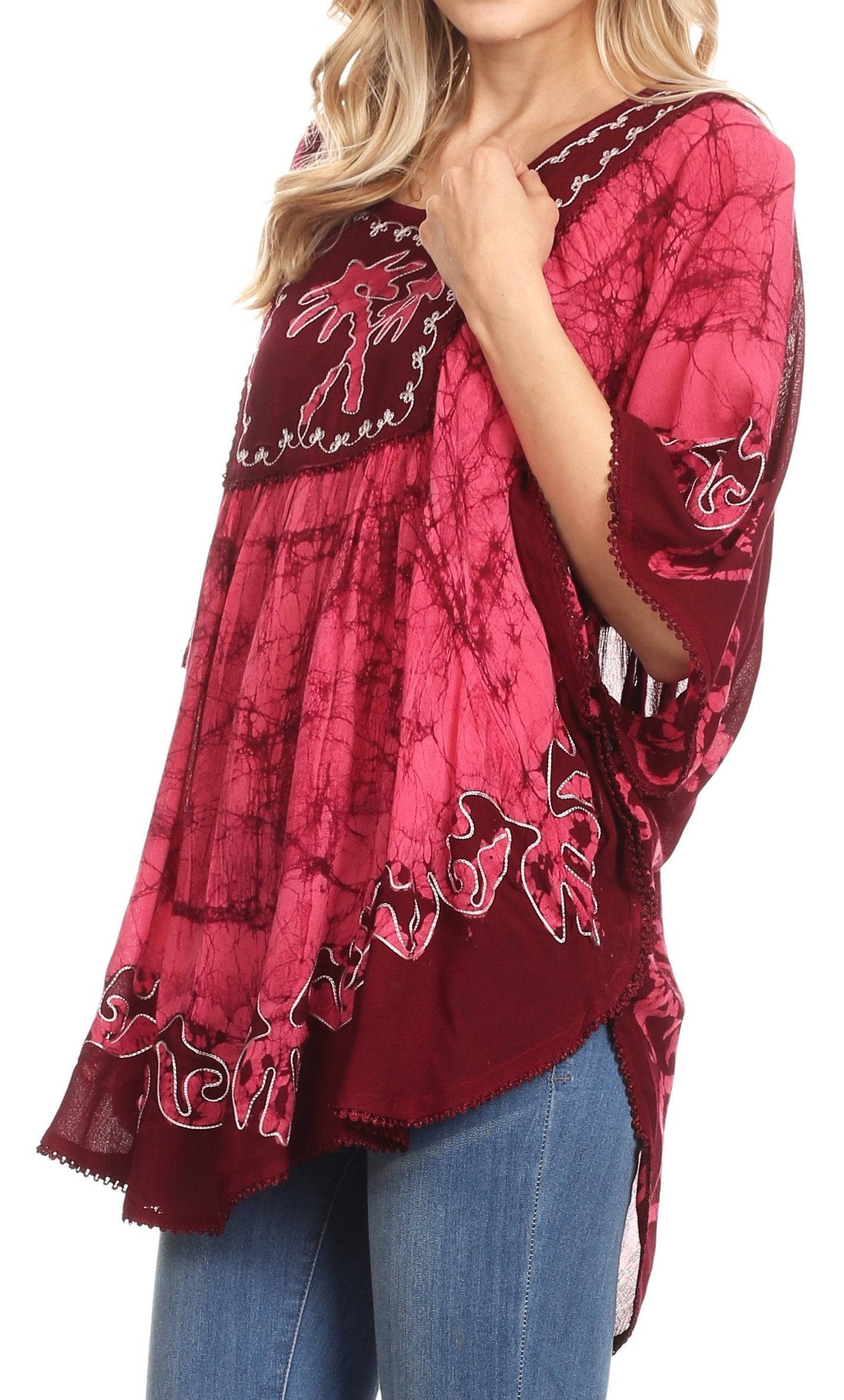 Sakkas - Lynda Two Tone Batik Embroidered Palm Tree Peasant Top / Poncho