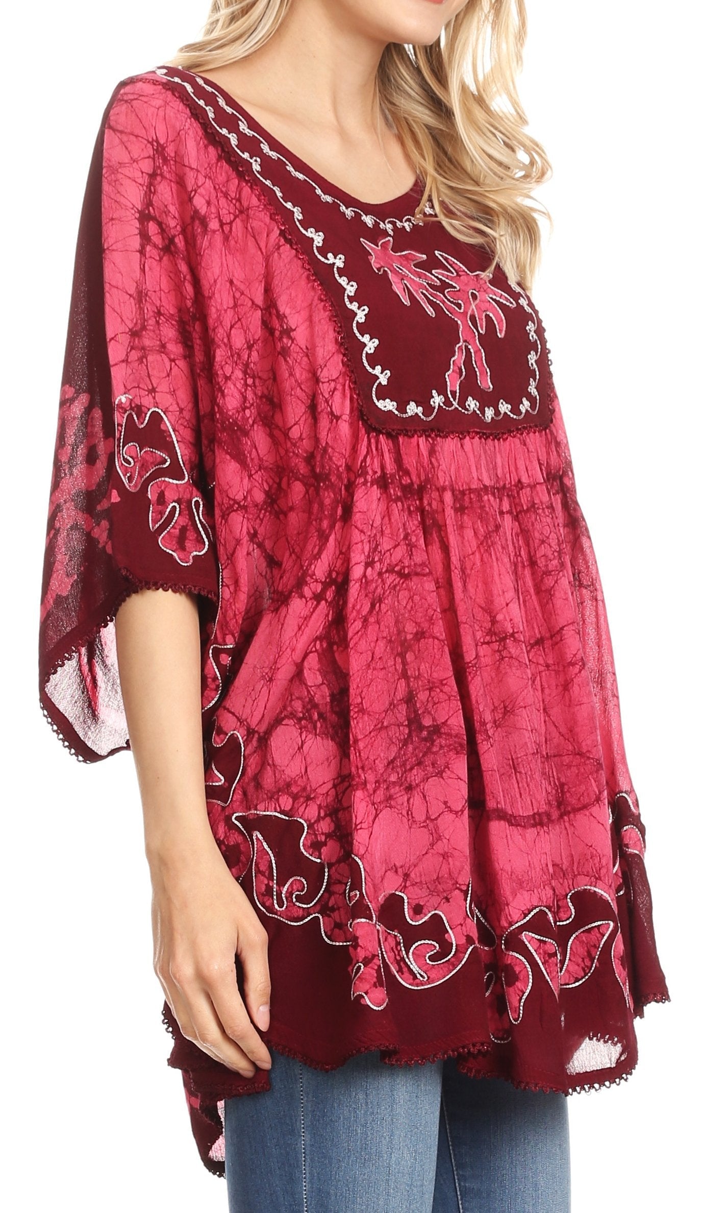 Sakkas - Lynda Two Tone Batik Embroidered Palm Tree Peasant Top / Poncho