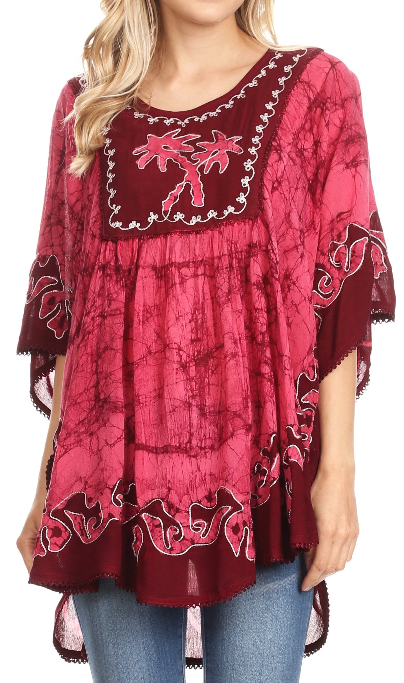 Sakkas - Lynda Two Tone Batik Embroidered Palm Tree Peasant Top / Poncho