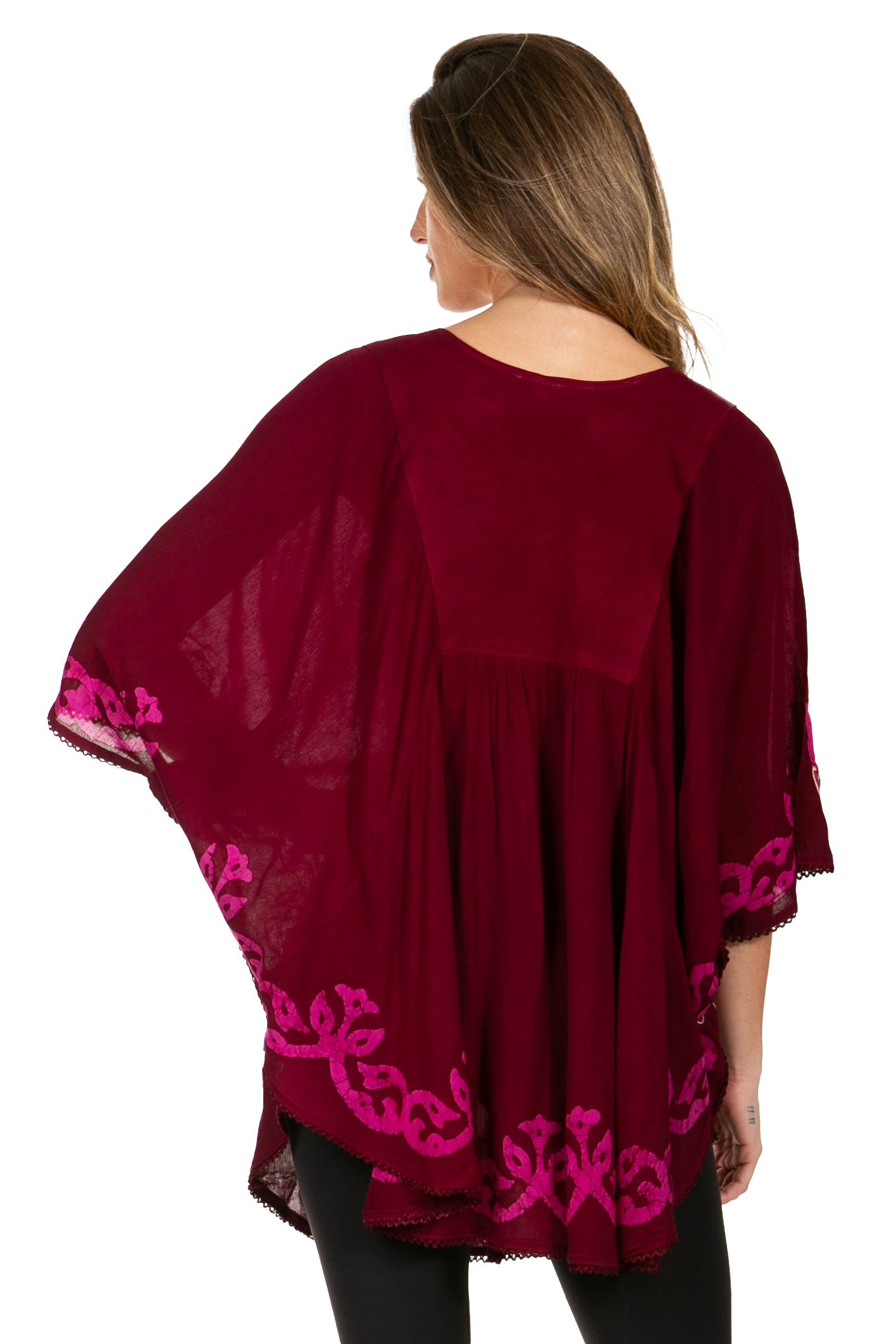 Sakkas - Lynda Two Tone Batik Embroidered Palm Tree Peasant Top / Poncho