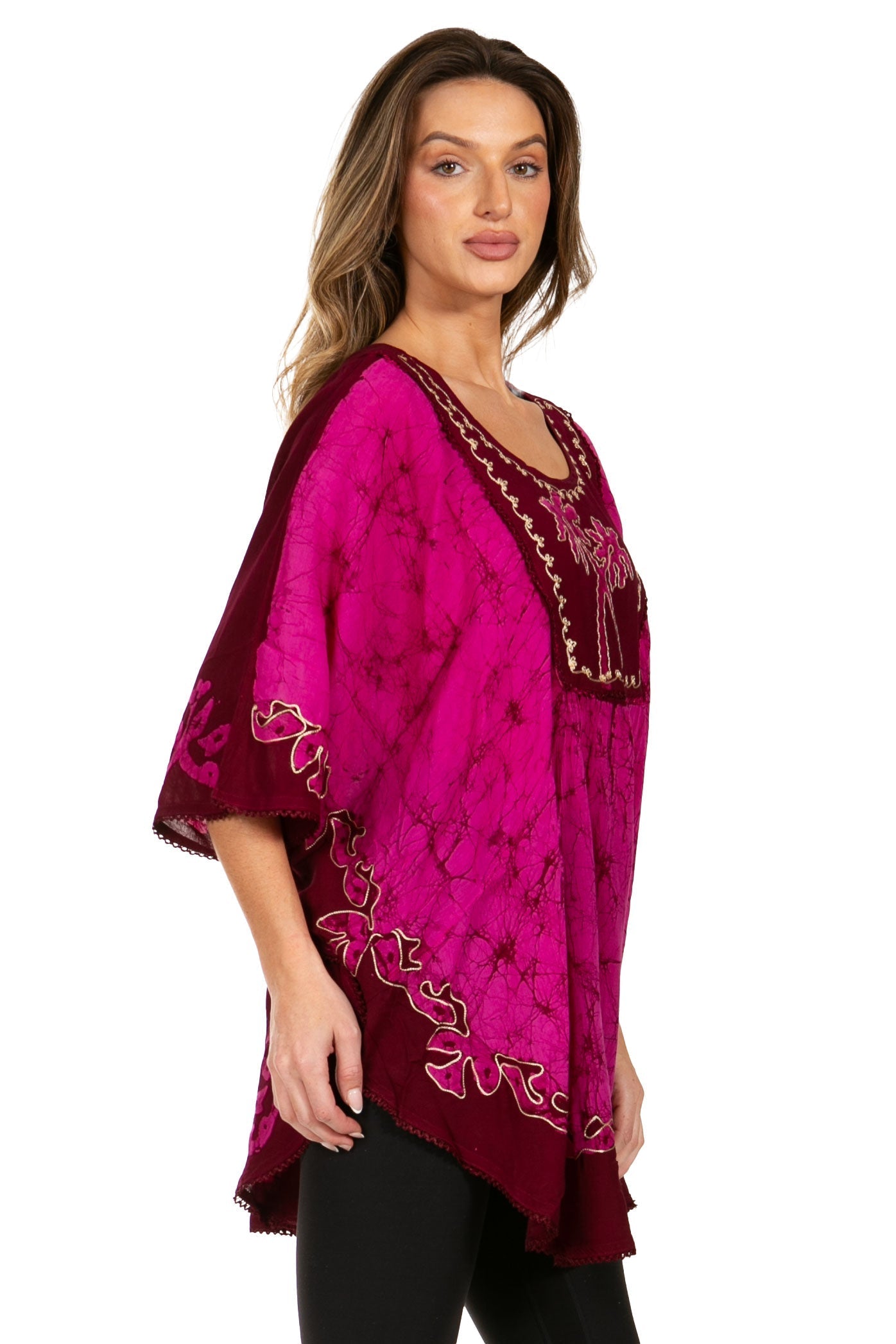 Sakkas - Lynda Two Tone Batik Embroidered Palm Tree Peasant Top / Poncho