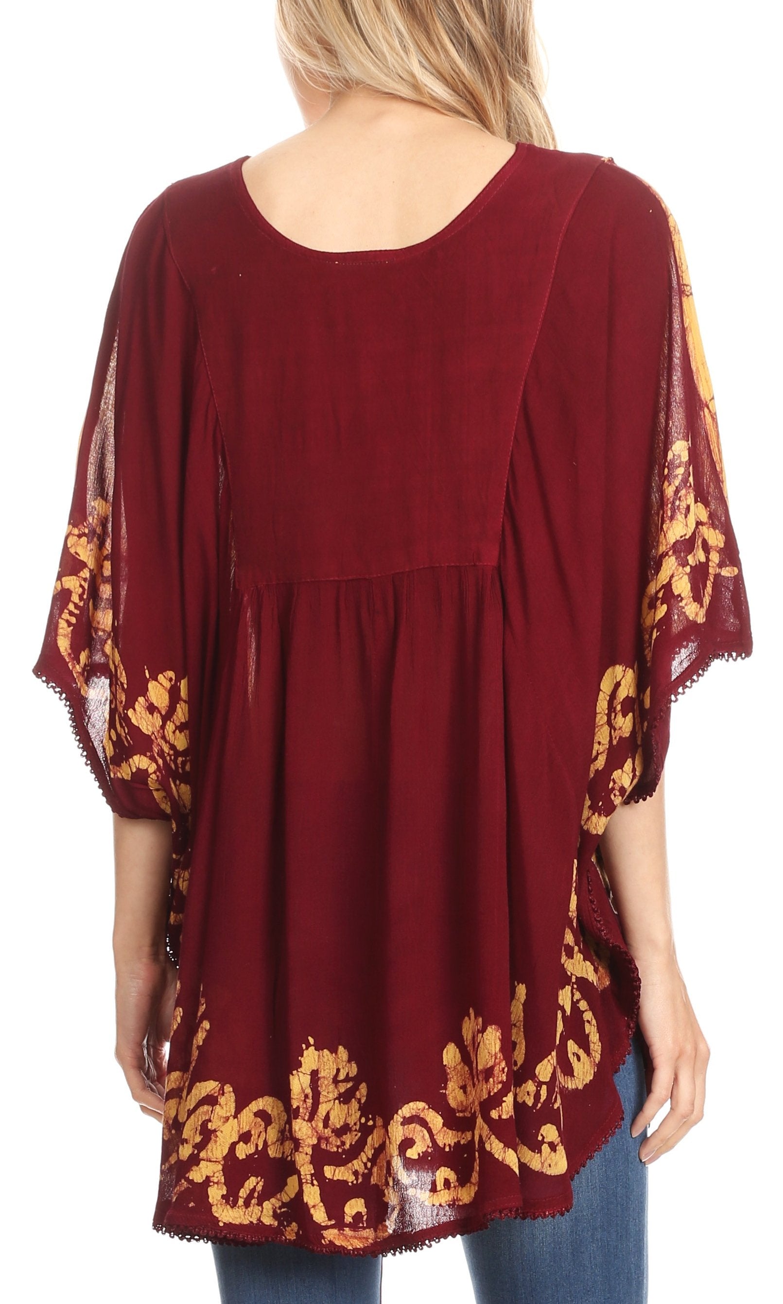 Sakkas - Lynda Two Tone Batik Embroidered Palm Tree Peasant Top / Poncho