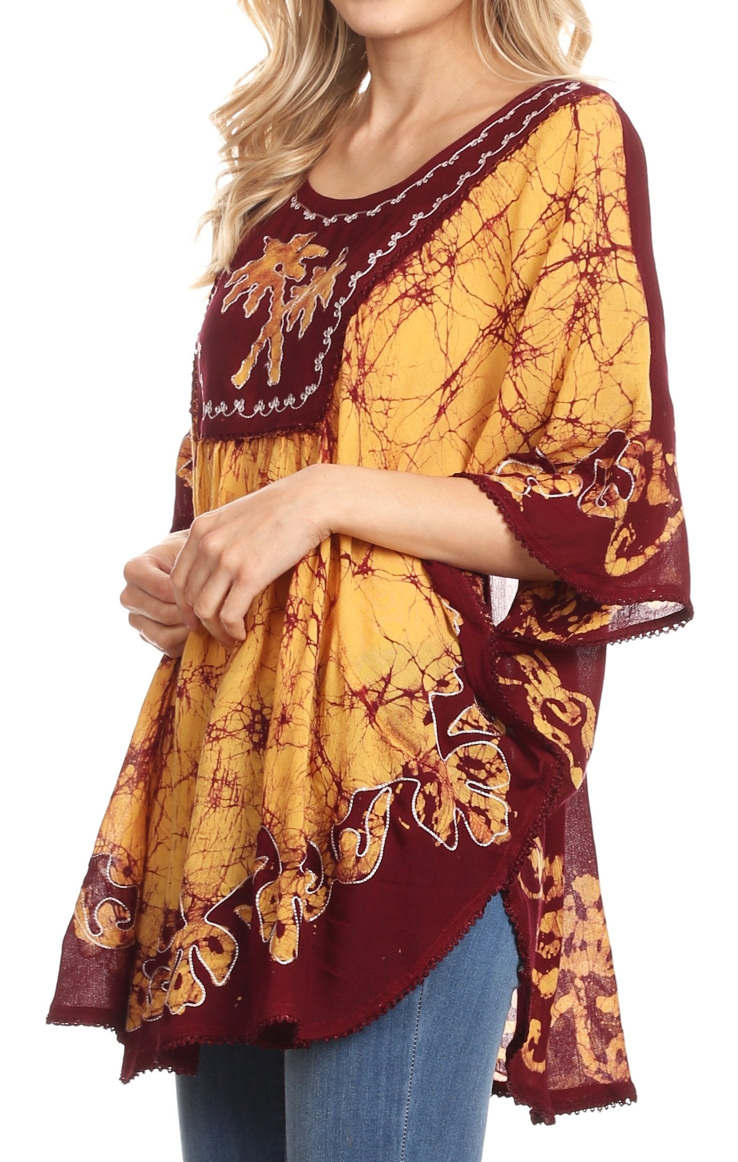Sakkas - Lynda Two Tone Batik Embroidered Palm Tree Peasant Top / Poncho
