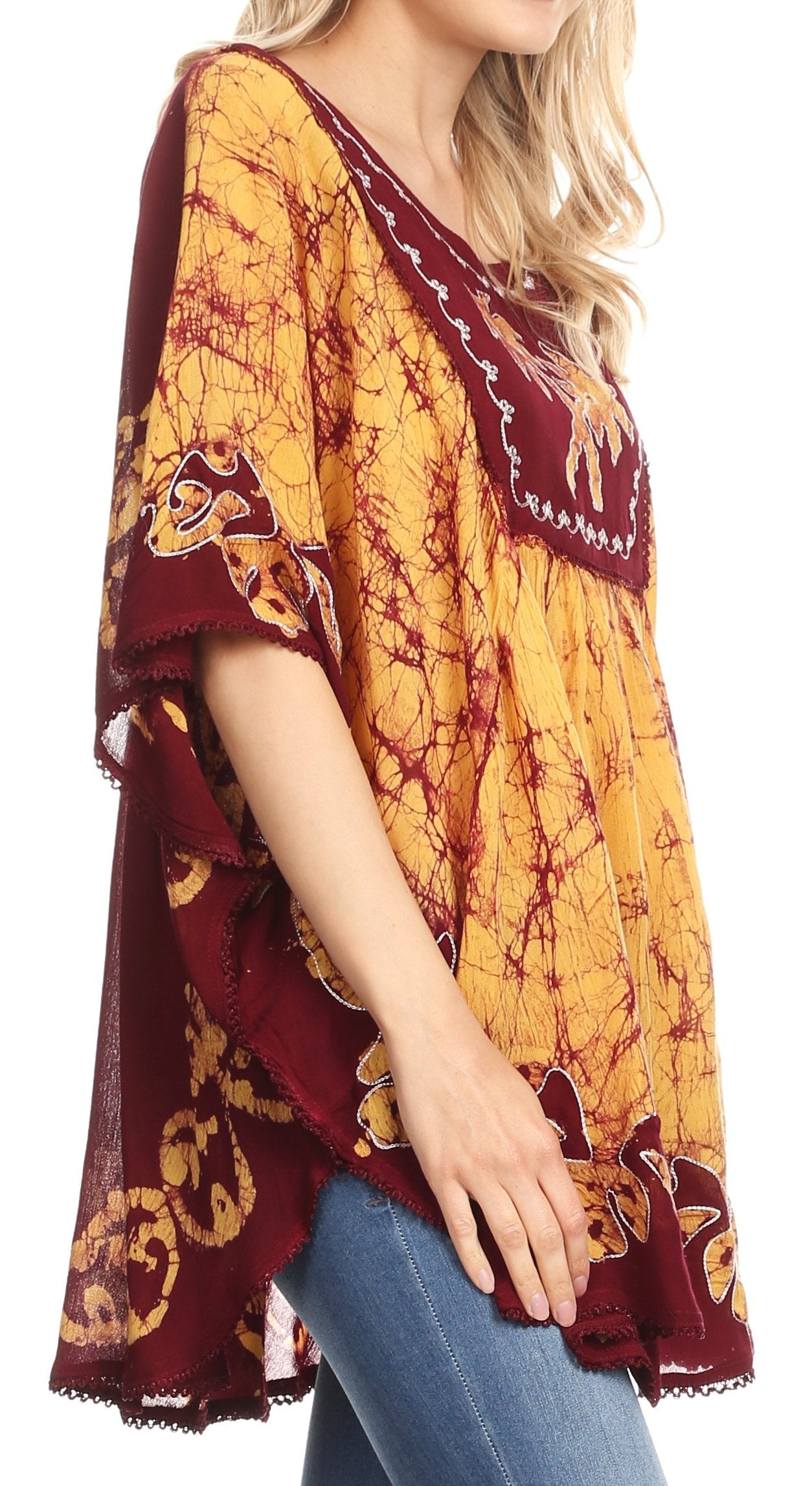 Sakkas - Lynda Two Tone Batik Embroidered Palm Tree Peasant Top / Poncho