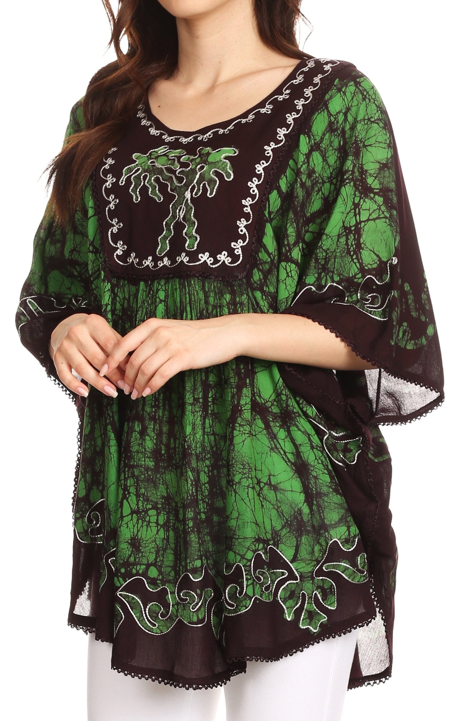Sakkas - Lynda Two Tone Batik Embroidered Palm Tree Peasant Top / Poncho