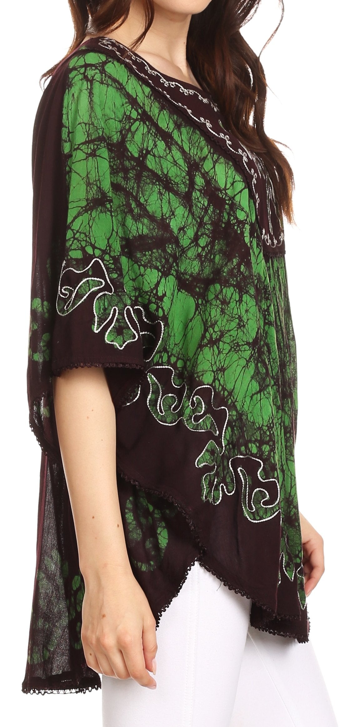 Sakkas - Lynda Two Tone Batik Embroidered Palm Tree Peasant Top / Poncho
