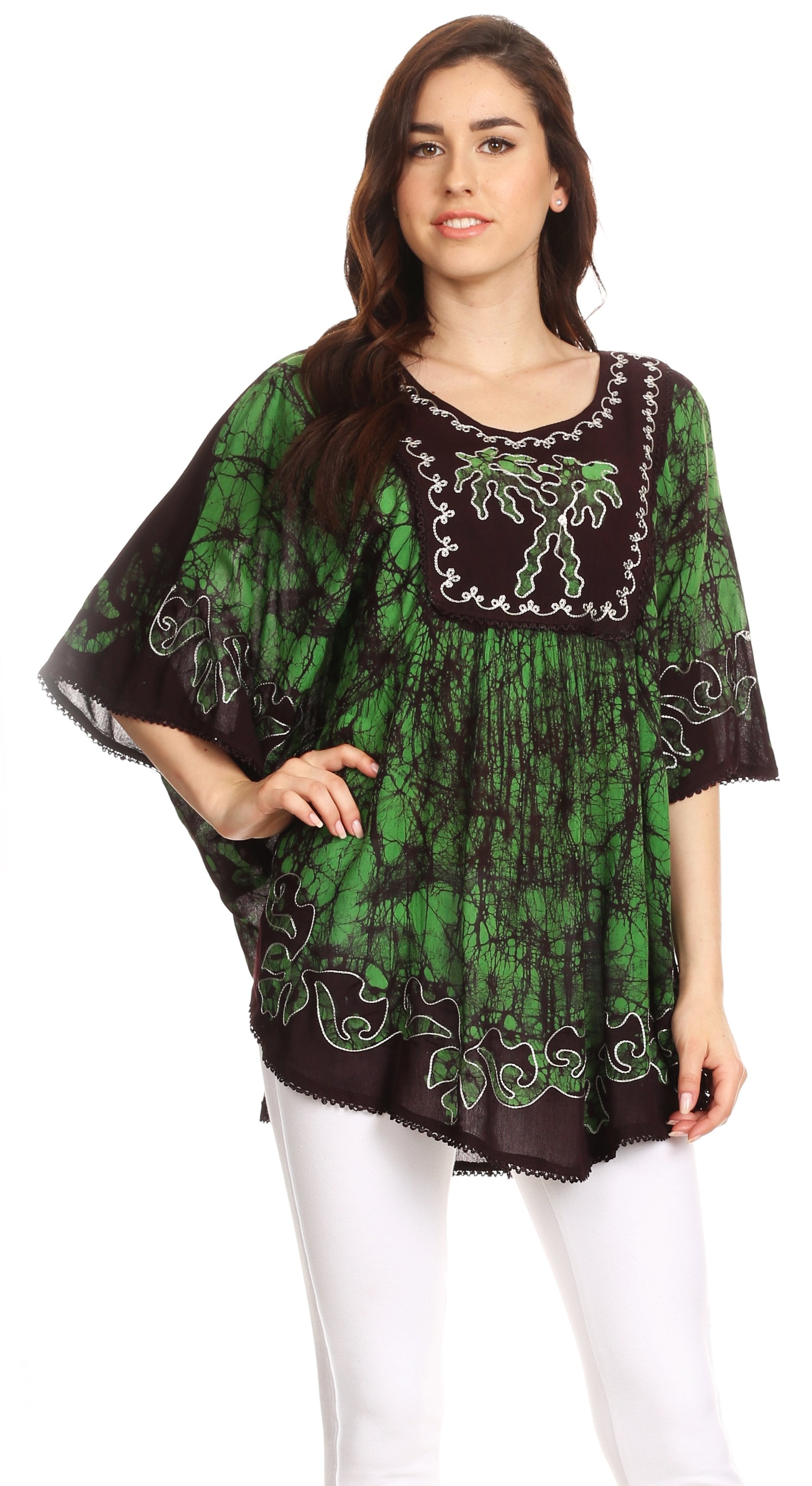 Sakkas - Lynda Two Tone Batik Embroidered Palm Tree Peasant Top / Poncho