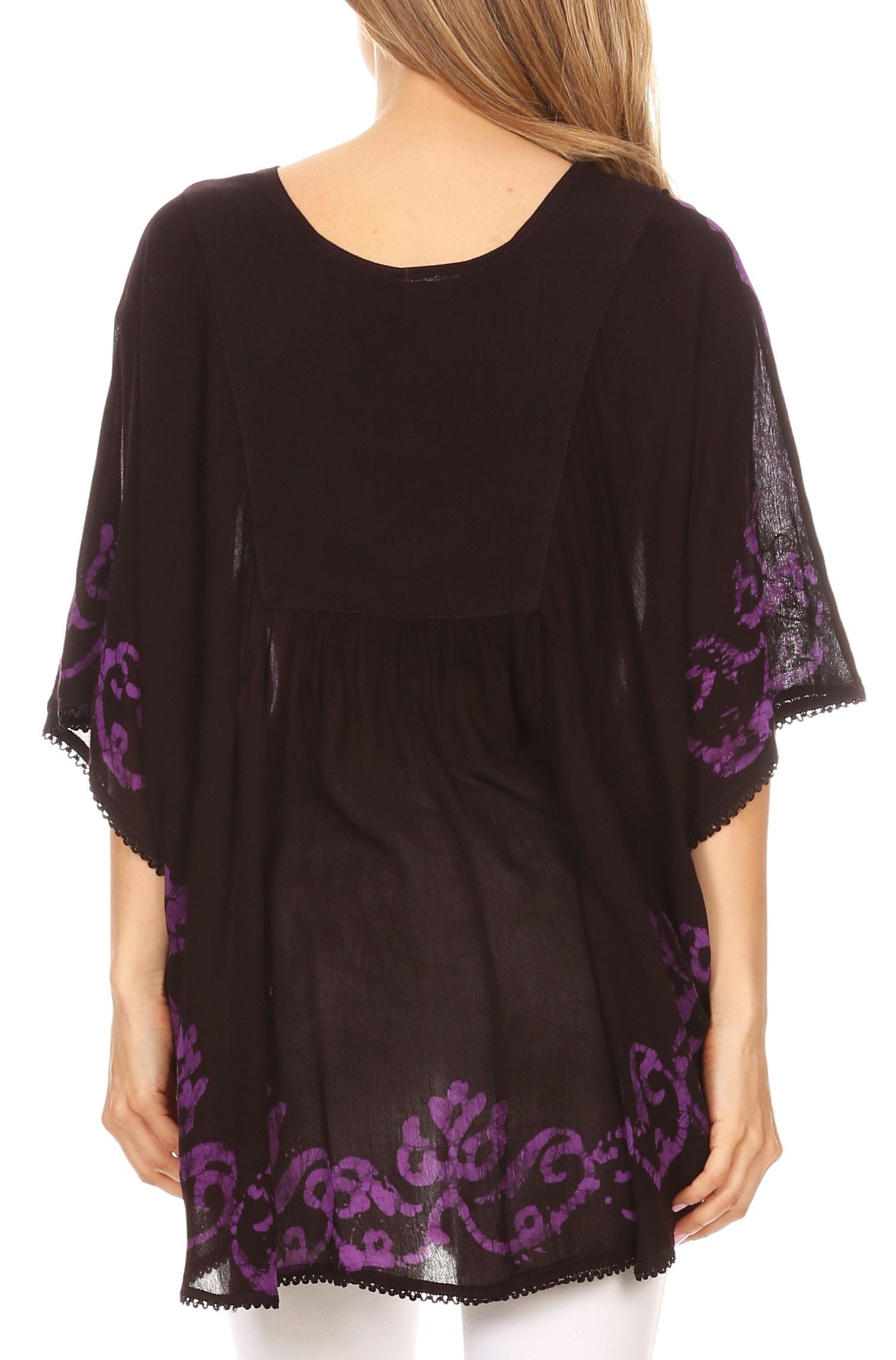 Sakkas - Lynda Two Tone Batik Embroidered Palm Tree Peasant Top / Poncho