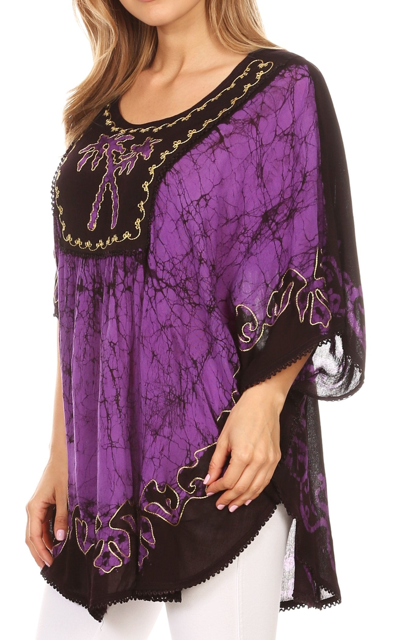 Sakkas - Lynda Two Tone Batik Embroidered Palm Tree Peasant Top / Poncho