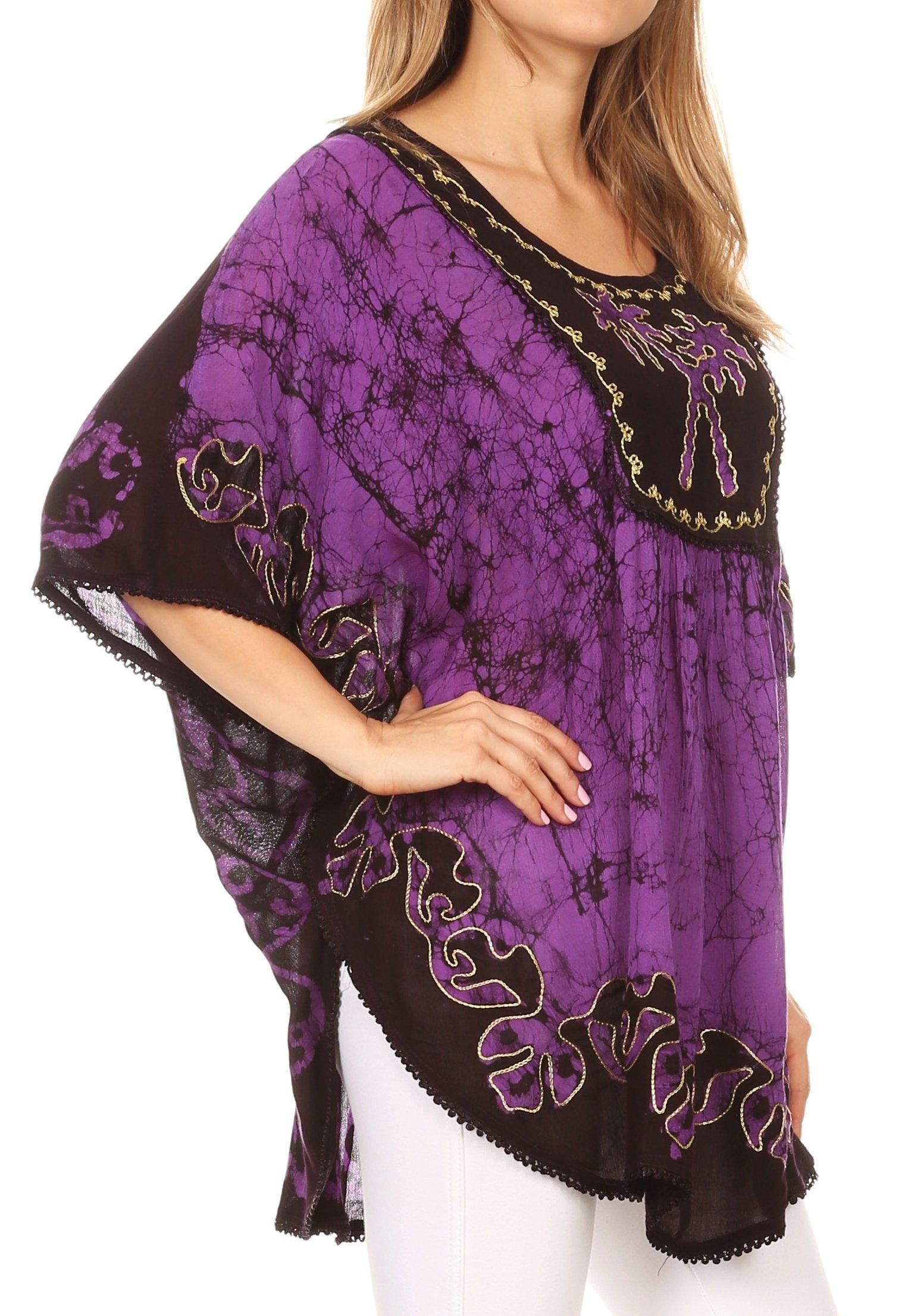 Sakkas - Lynda Two Tone Batik Embroidered Palm Tree Peasant Top / Poncho