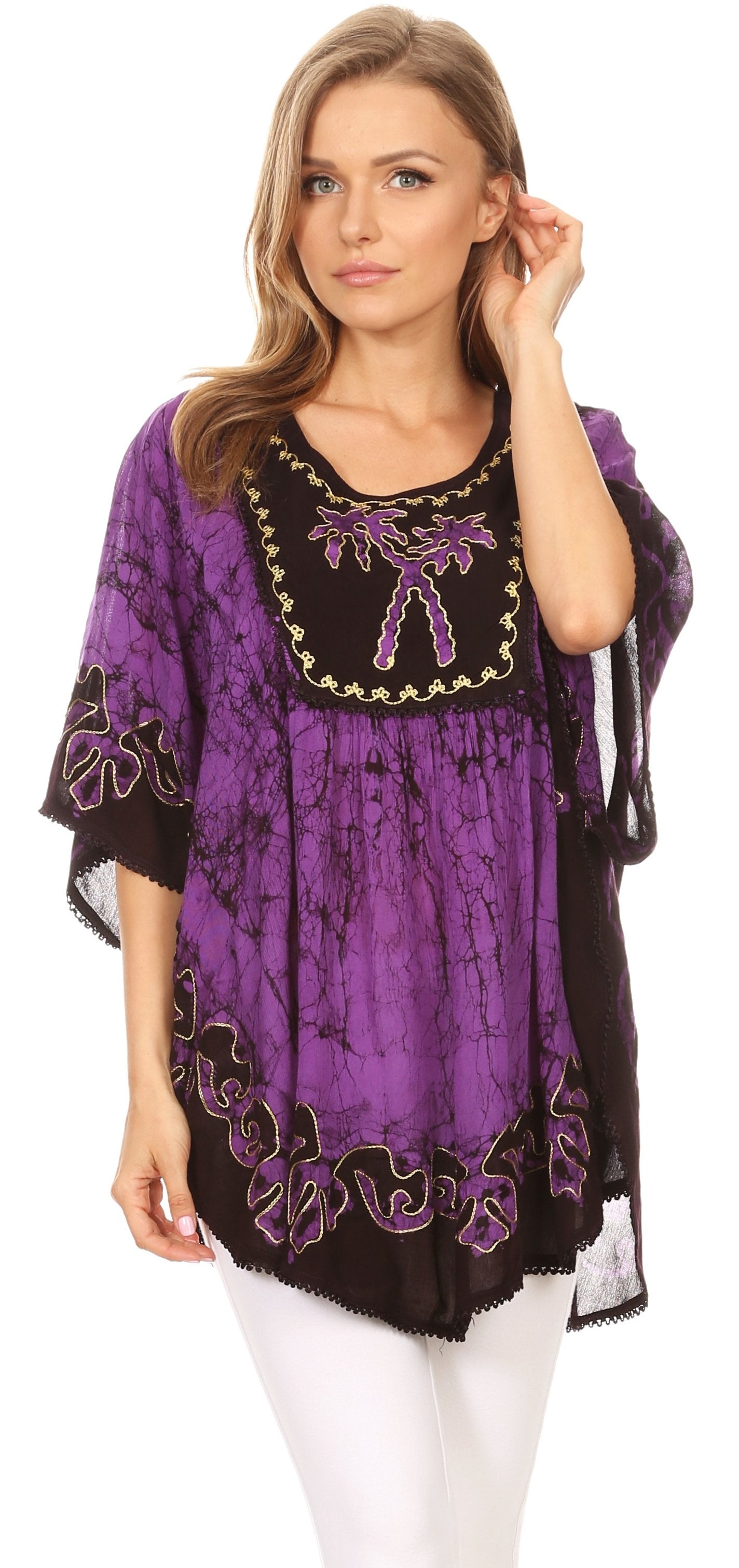 Sakkas - Lynda Two Tone Batik Embroidered Palm Tree Peasant Top / Poncho