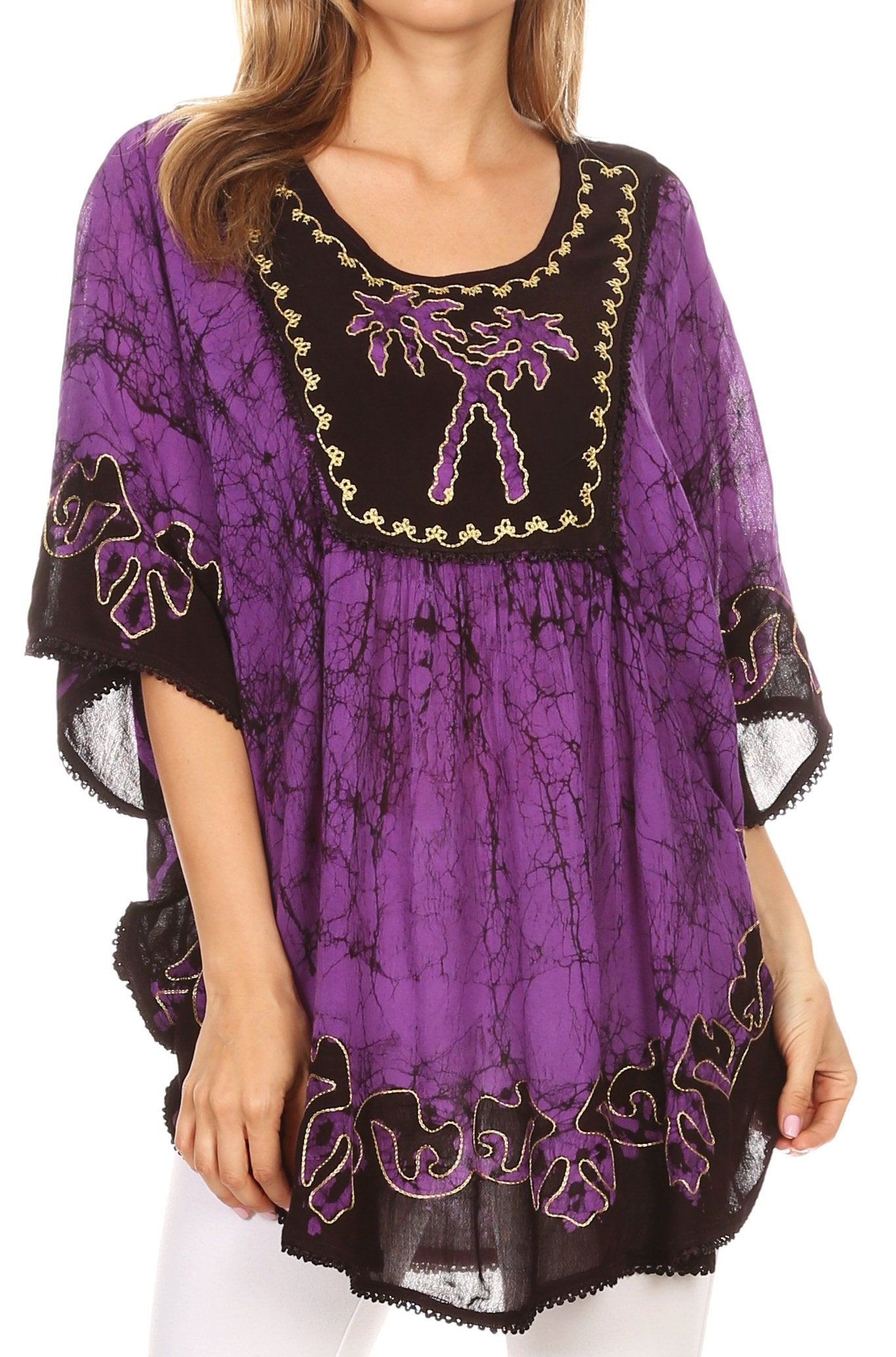 Sakkas - Lynda Two Tone Batik Embroidered Palm Tree Peasant Top / Poncho