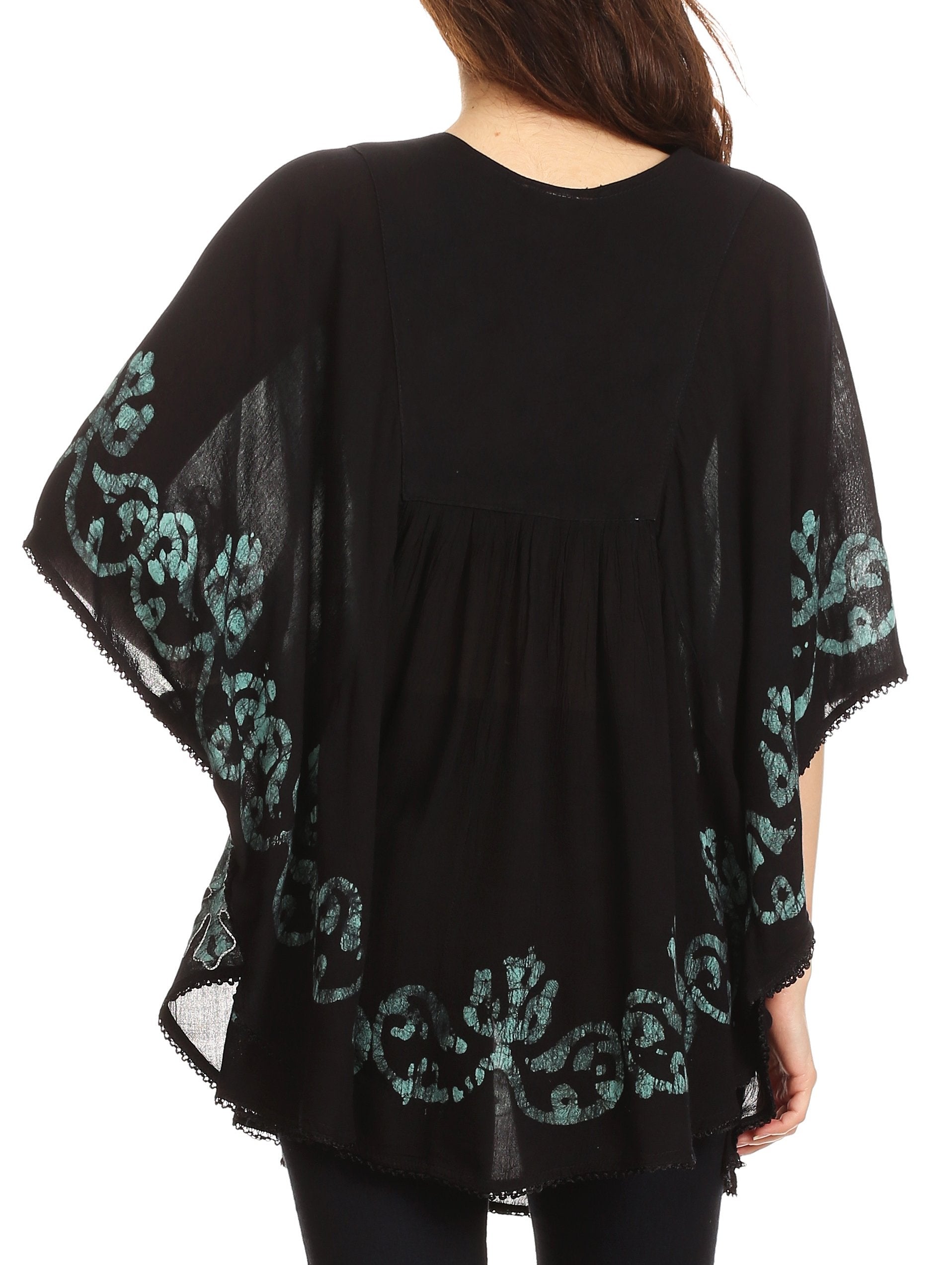 Sakkas - Lynda Two Tone Batik Embroidered Palm Tree Peasant Top / Poncho