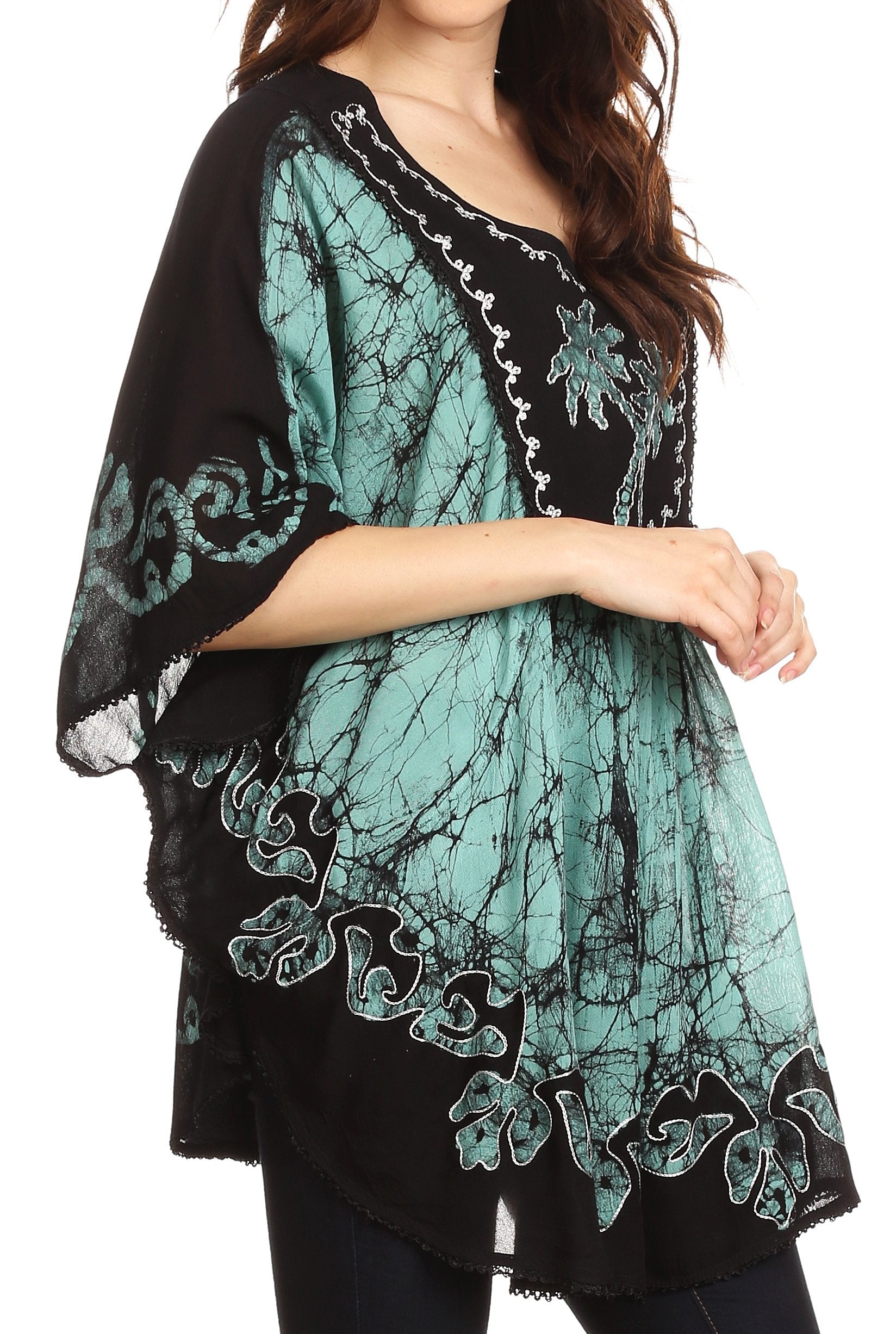 Sakkas - Lynda Two Tone Batik Embroidered Palm Tree Peasant Top / Poncho