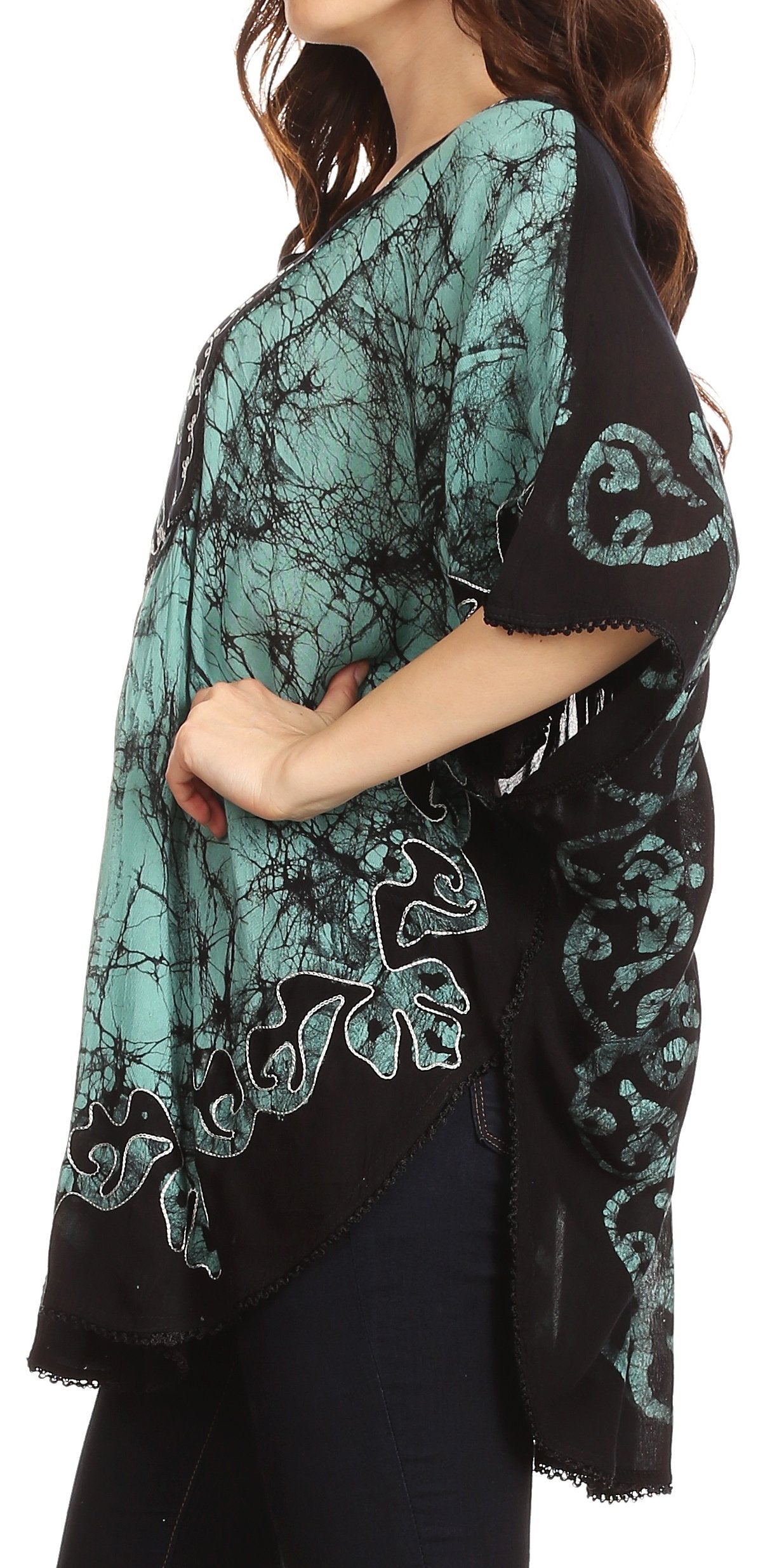 Sakkas - Lynda Two Tone Batik Embroidered Palm Tree Peasant Top / Poncho