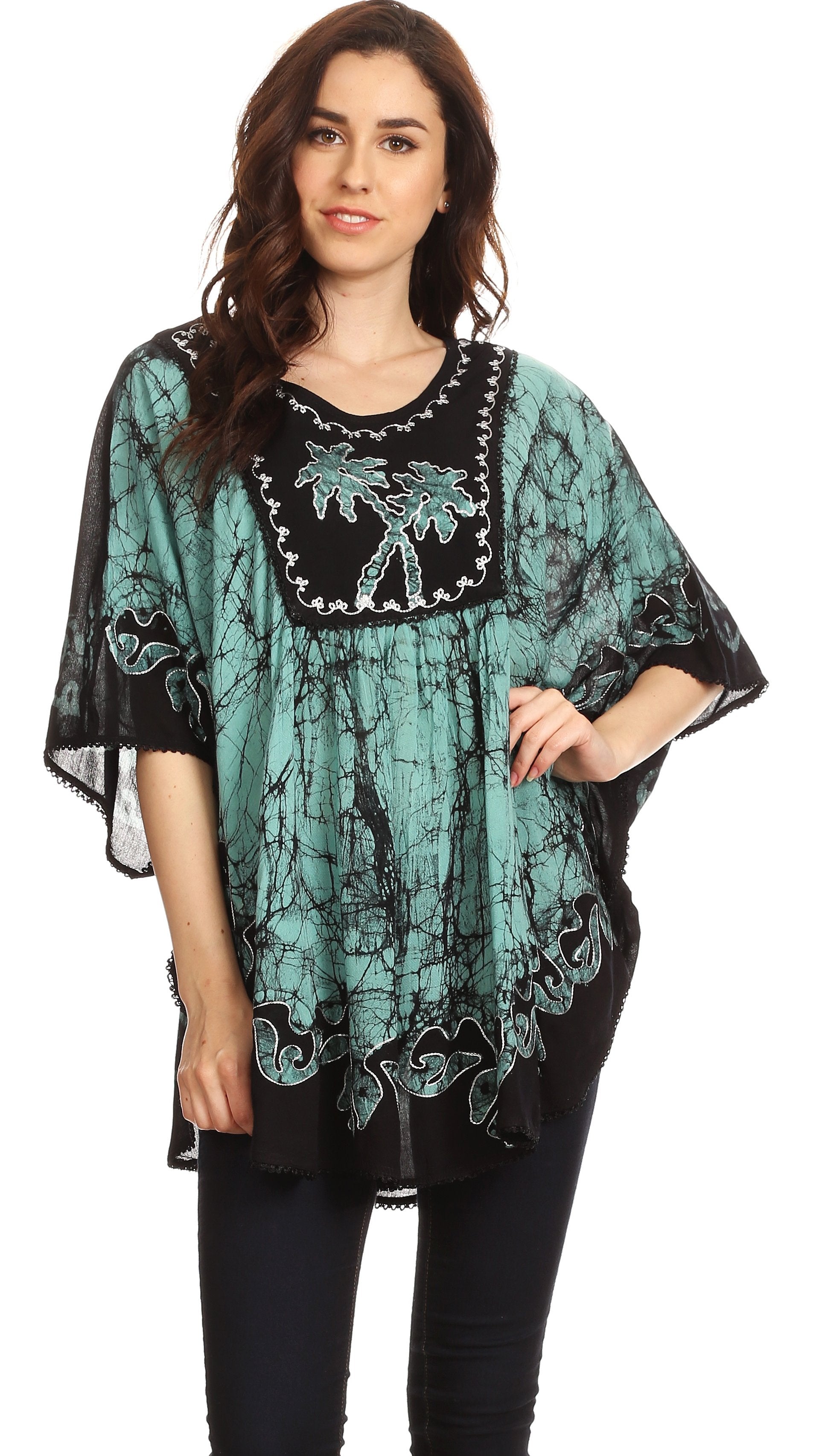 Sakkas - Lynda Two Tone Batik Embroidered Palm Tree Peasant Top / Poncho