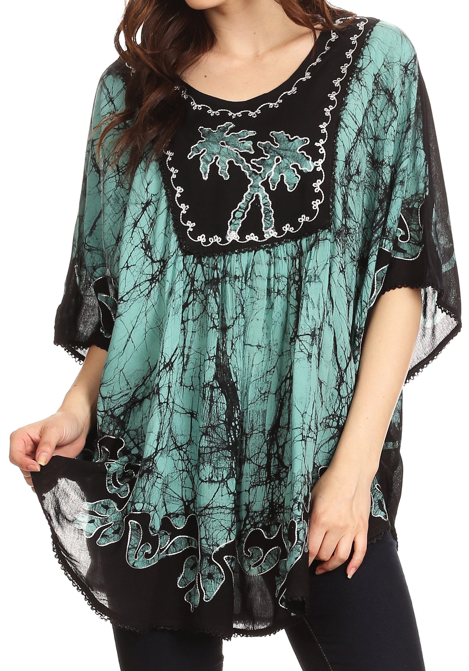 Sakkas - Lynda Two Tone Batik Embroidered Palm Tree Peasant Top / Poncho