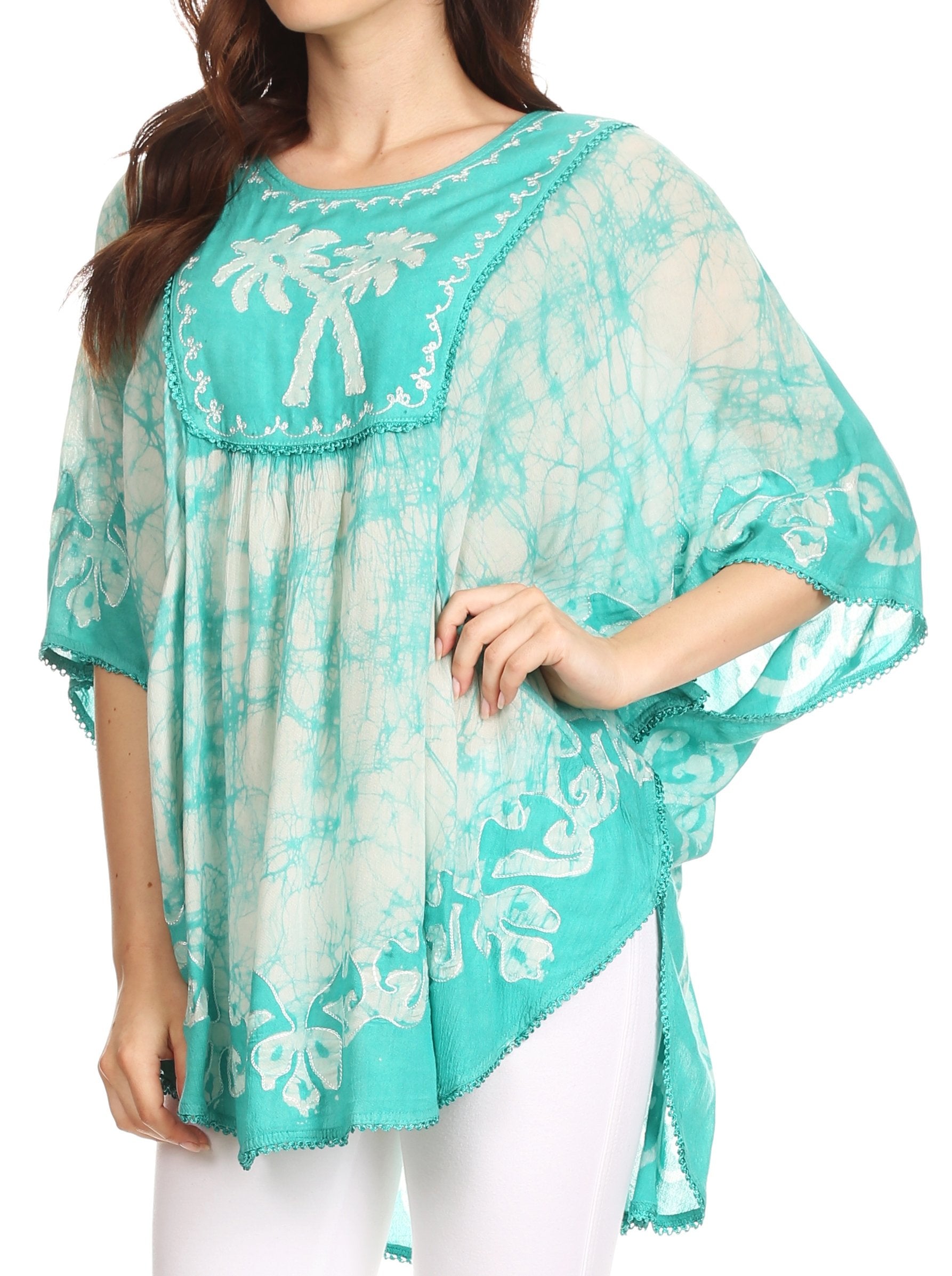 Sakkas - Lynda Two Tone Batik Embroidered Palm Tree Peasant Top / Poncho