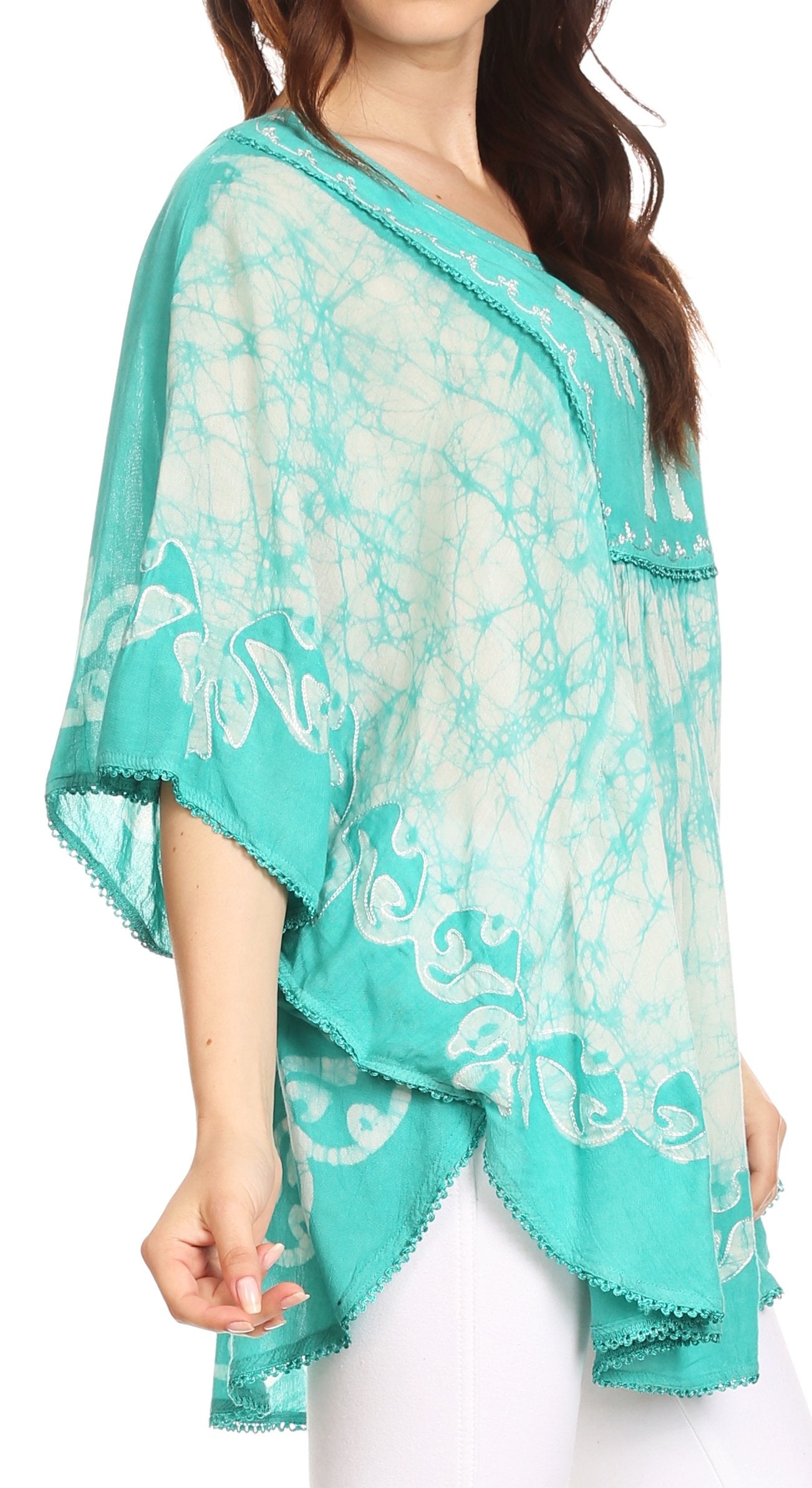 Sakkas - Lynda Two Tone Batik Embroidered Palm Tree Peasant Top / Poncho