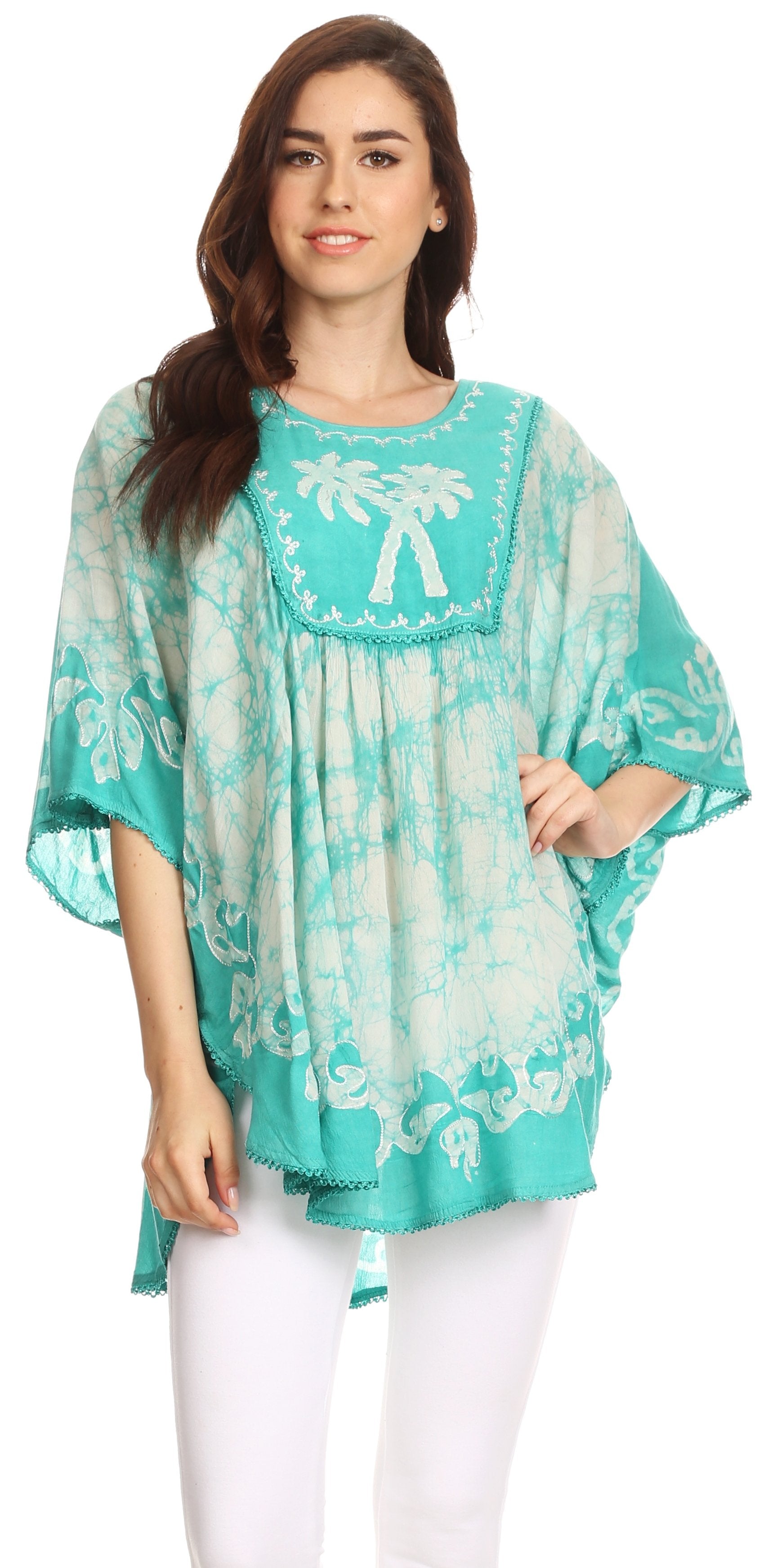 Sakkas - Lynda Two Tone Batik Embroidered Palm Tree Peasant Top / Poncho
