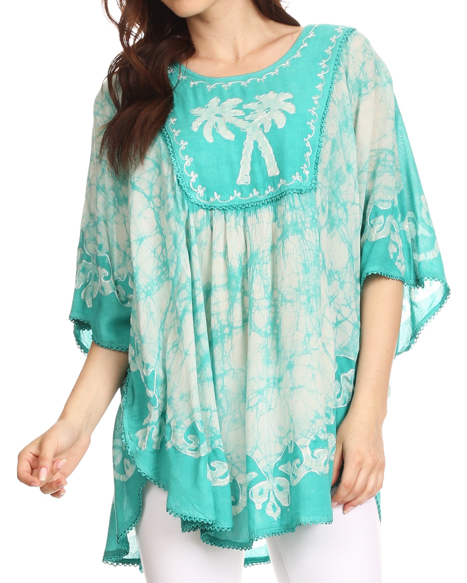 Woman wearing a turquoise floral dress with palm tree design on a white background