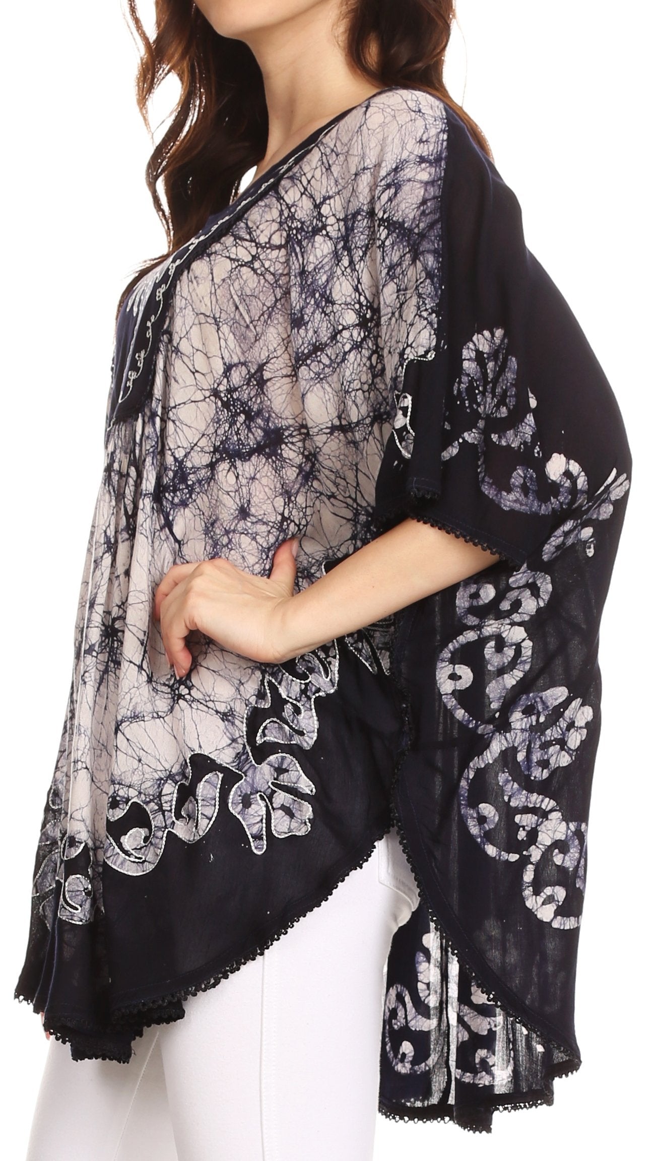 Sakkas - Lynda Two Tone Batik Embroidered Palm Tree Peasant Top / Poncho