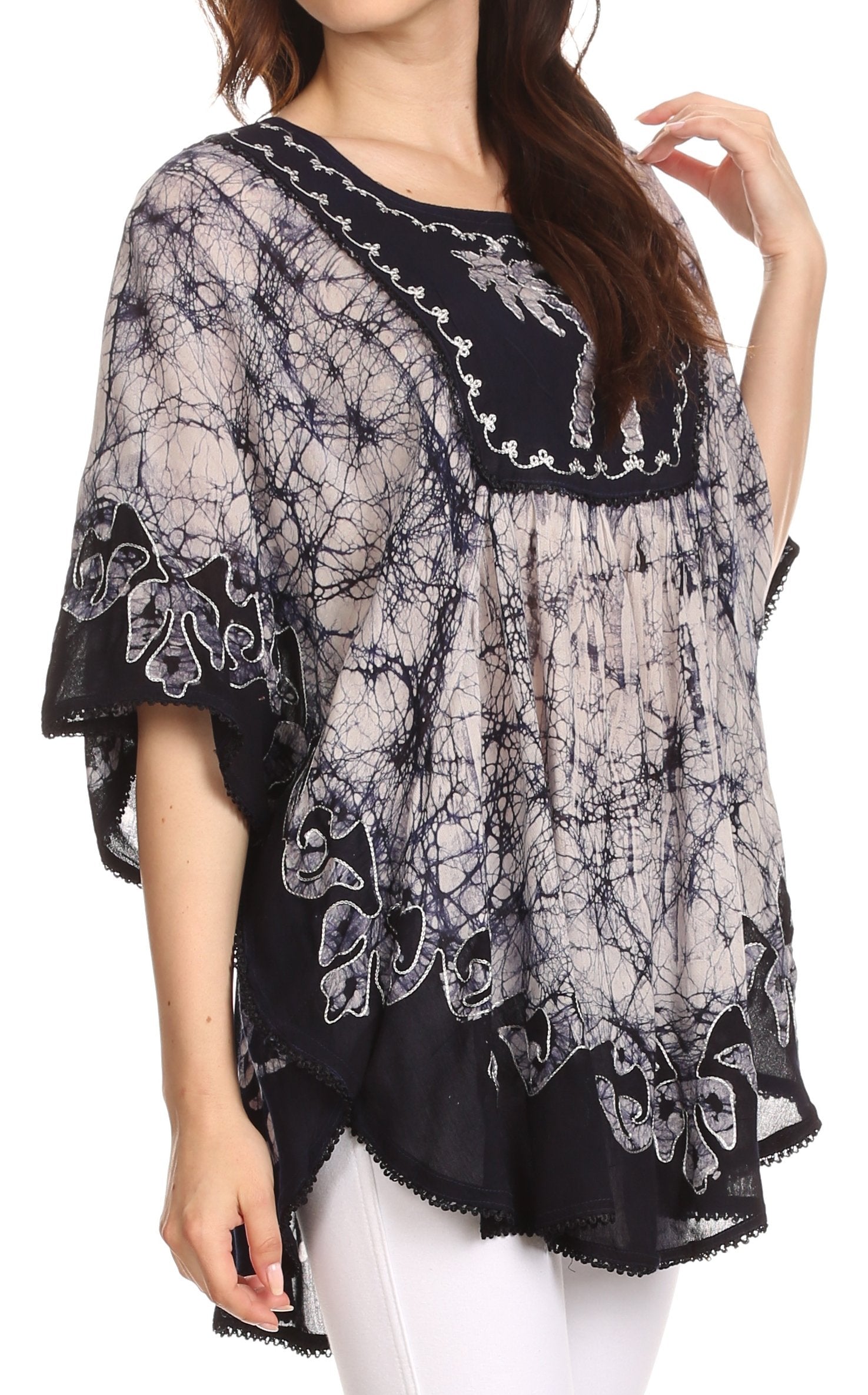 Sakkas - Lynda Two Tone Batik Embroidered Palm Tree Peasant Top / Poncho