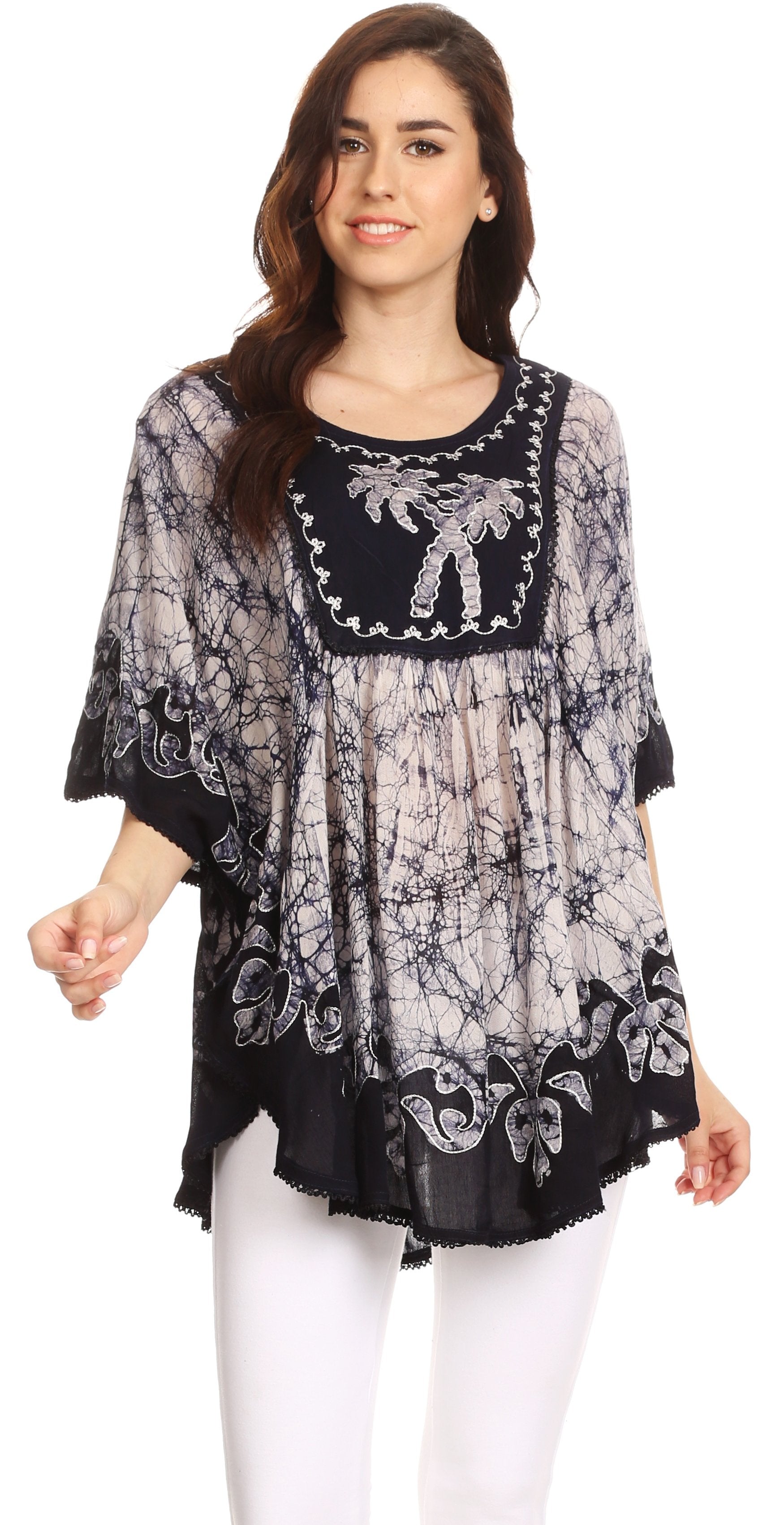Sakkas - Lynda Two Tone Batik Embroidered Palm Tree Peasant Top / Poncho