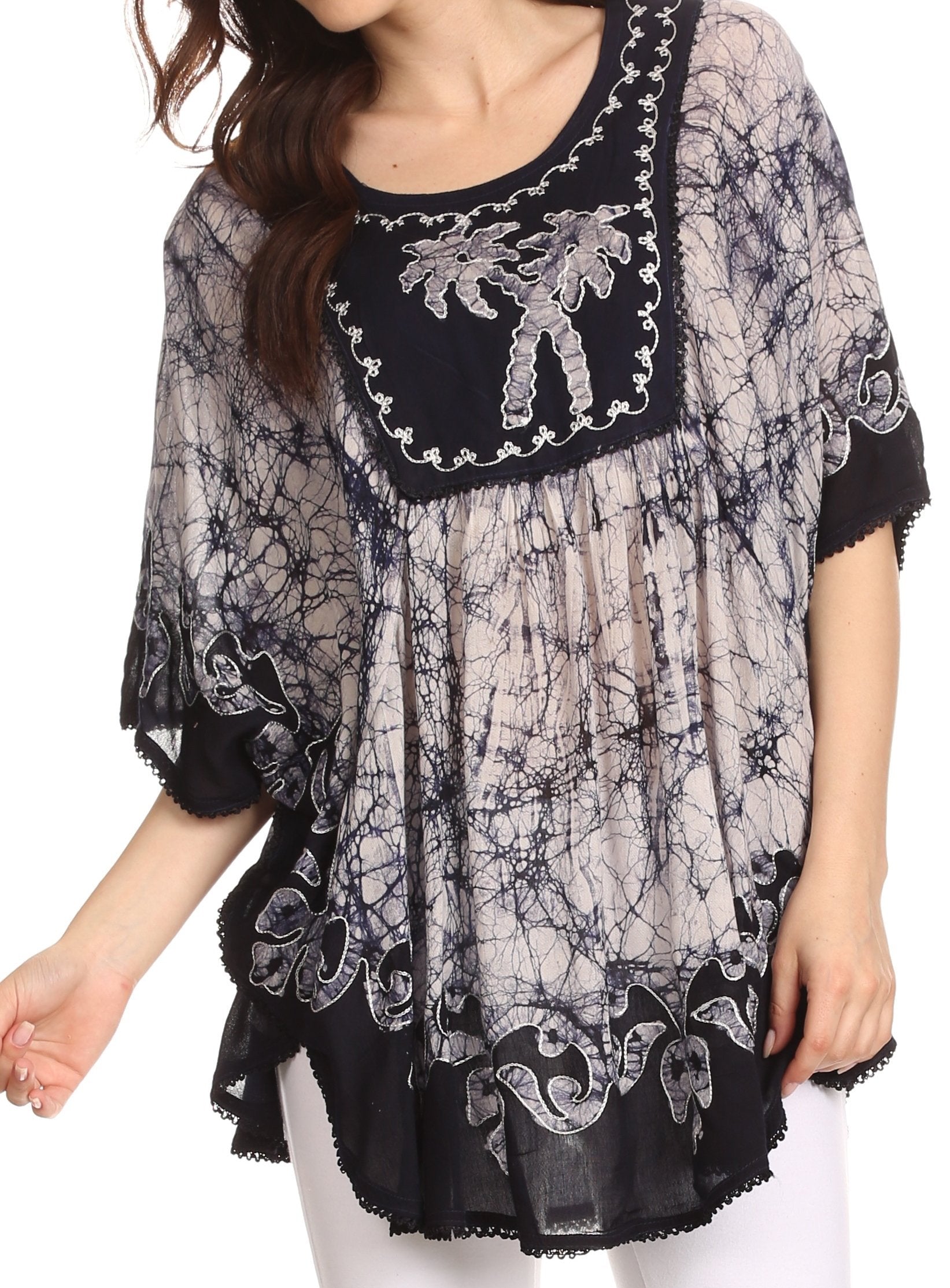 Sakkas - Lynda Two Tone Batik Embroidered Palm Tree Peasant Top / Poncho