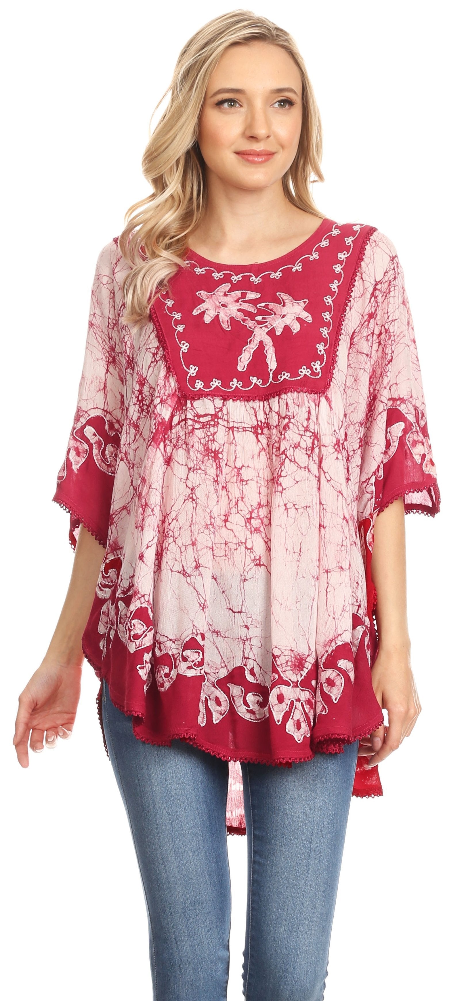 Sakkas - Lynda Two Tone Batik Embroidered Palm Tree Peasant Top / Poncho