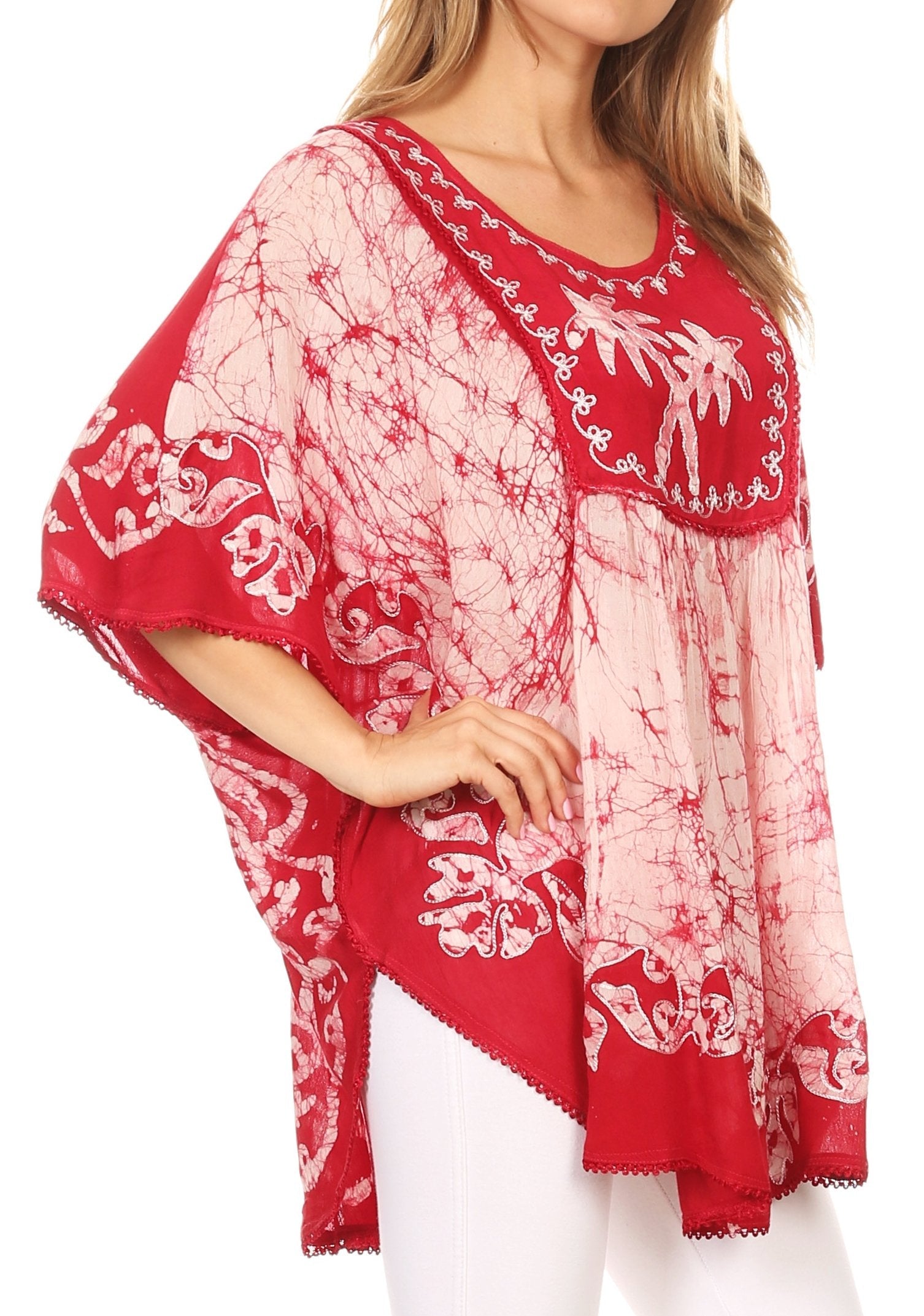 Sakkas - Lynda Two Tone Batik Embroidered Palm Tree Peasant Top / Poncho