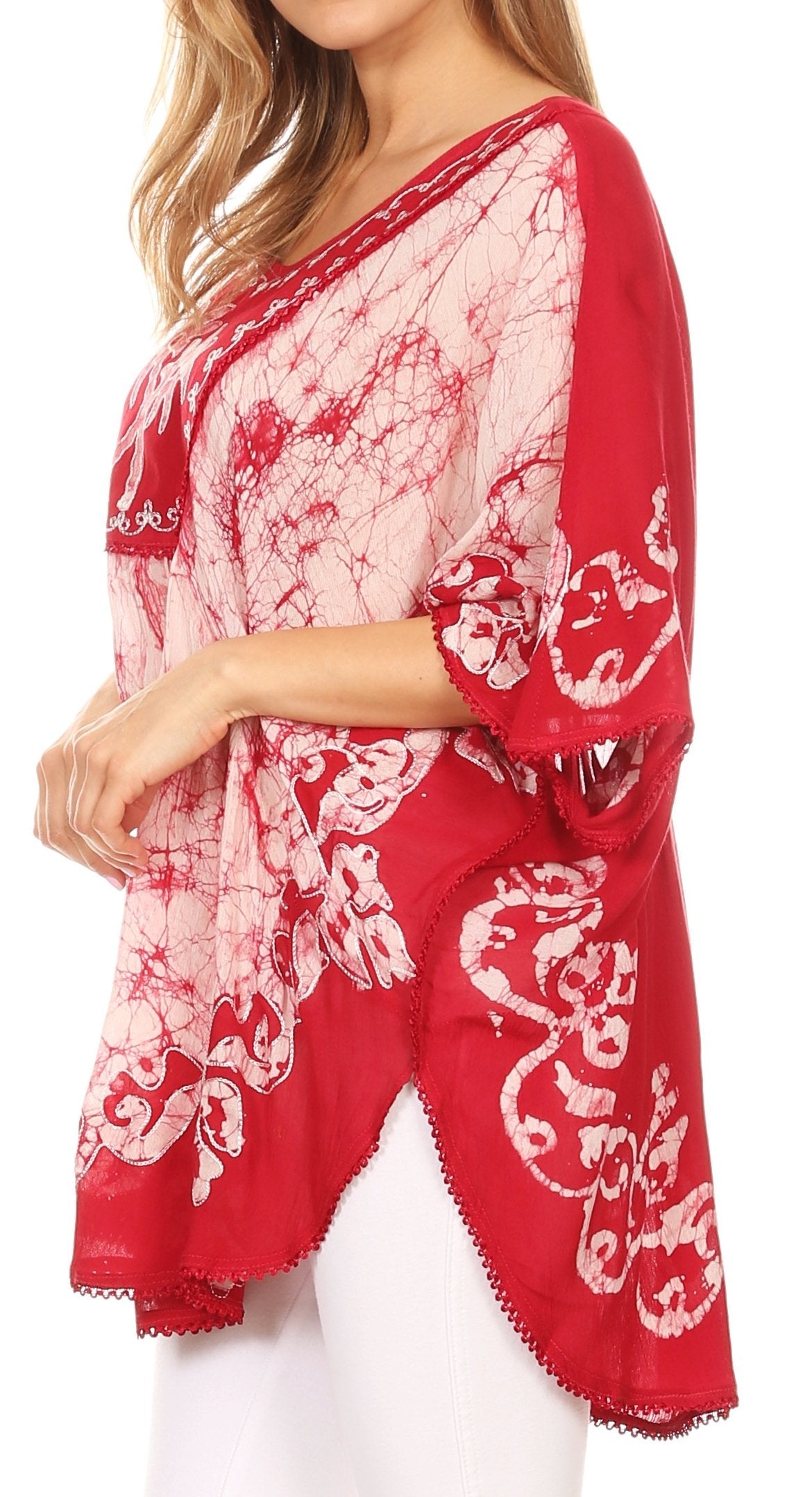 Sakkas - Lynda Two Tone Batik Embroidered Palm Tree Peasant Top / Poncho