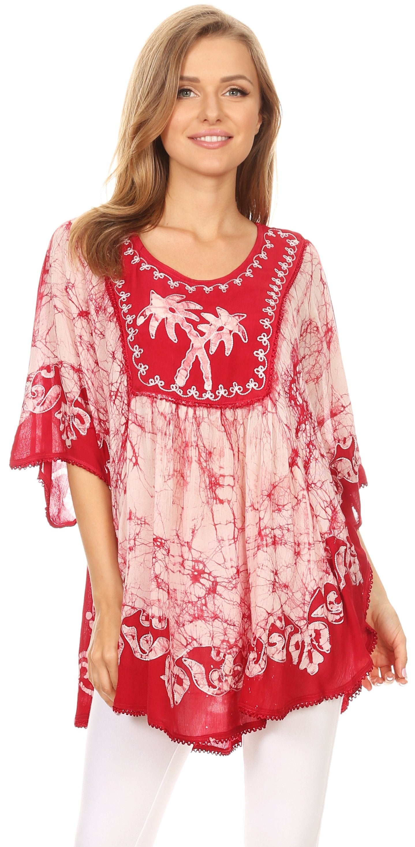 Sakkas - Lynda Two Tone Batik Embroidered Palm Tree Peasant Top / Poncho