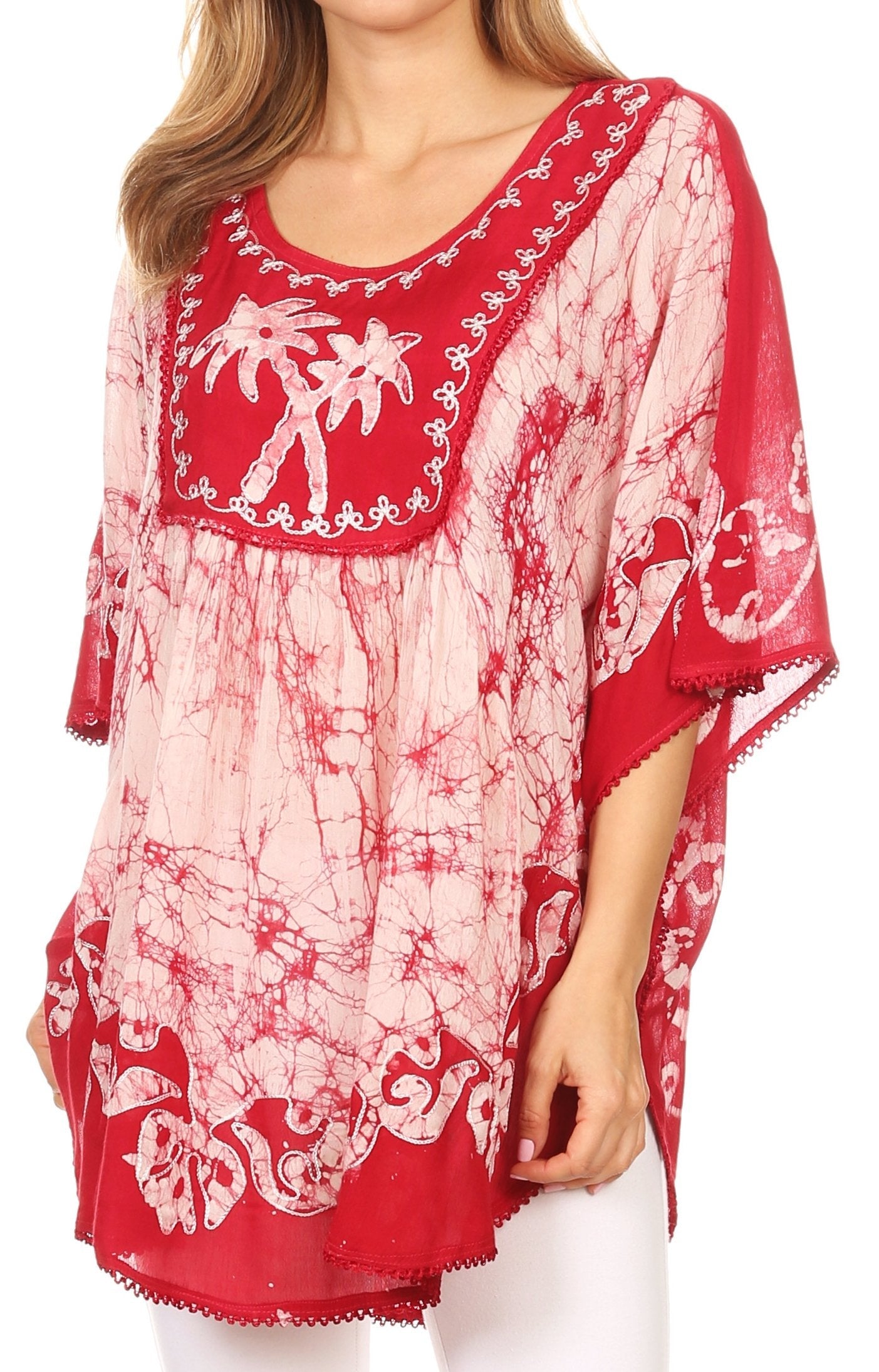 Sakkas - Lynda Two Tone Batik Embroidered Palm Tree Peasant Top / Poncho
