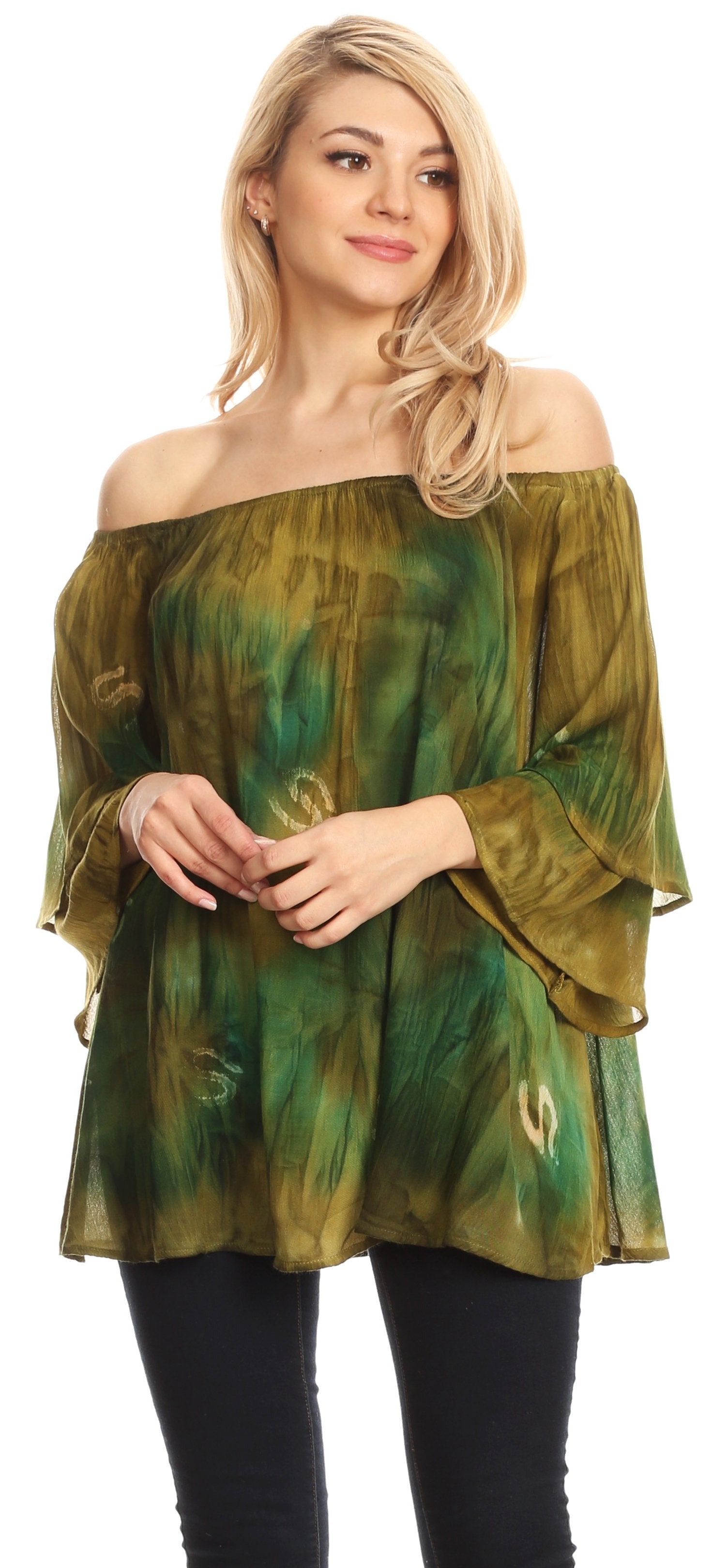 Sakkas - Alania Watercolor Tie Dye Double Bell Sleeve Raglan Blouse