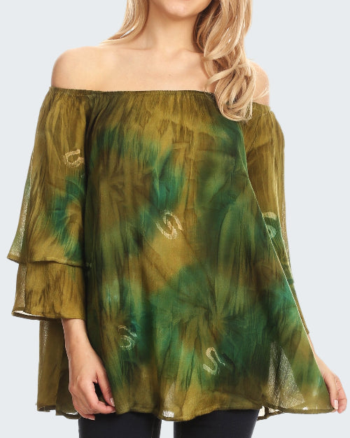 Green and brown off-shoulder top worn by a model on a white background