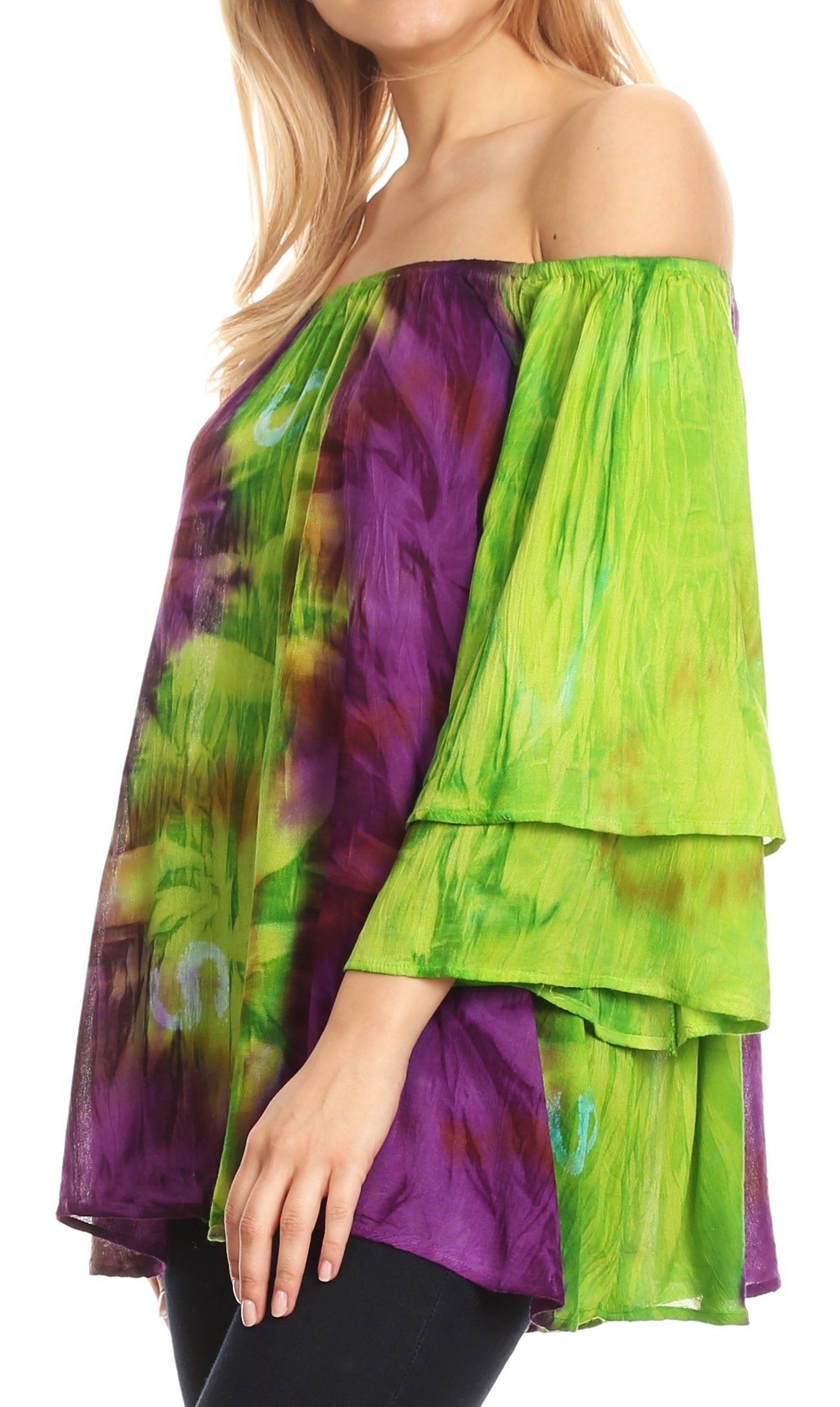 Sakkas - Alania Watercolor Tie Dye Double Bell Sleeve Raglan Blouse