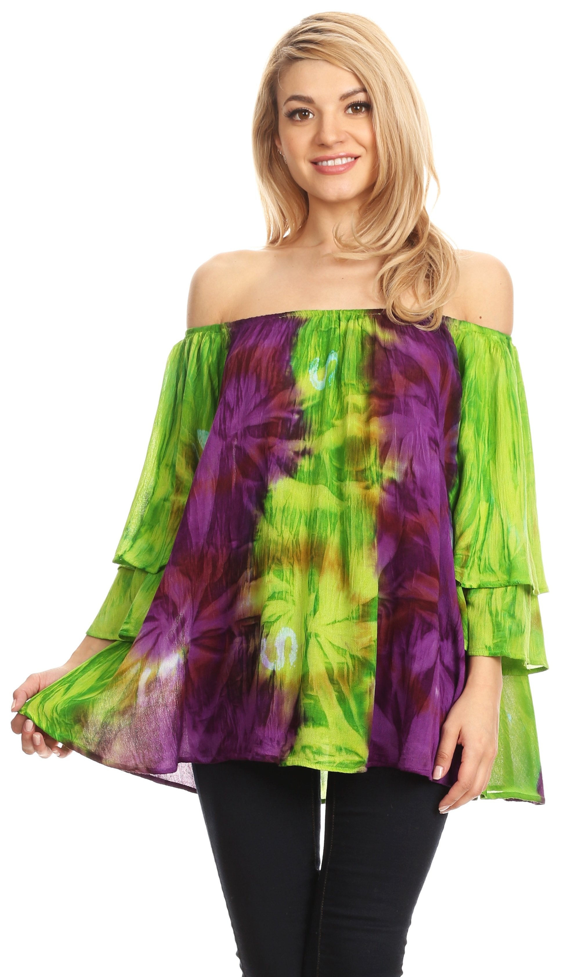 Sakkas - Alania Watercolor Tie Dye Double Bell Sleeve Raglan Blouse