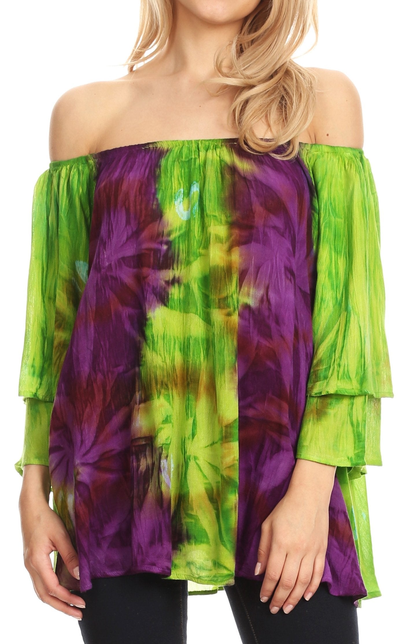 Sakkas - Alania Watercolor Tie Dye Double Bell Sleeve Raglan Blouse