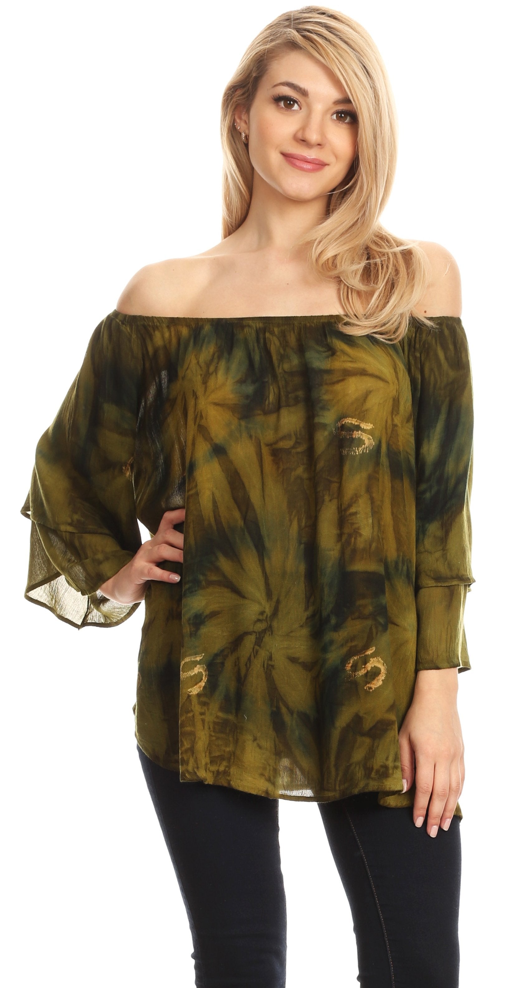 Sakkas - Alania Watercolor Tie Dye Double Bell Sleeve Raglan Blouse