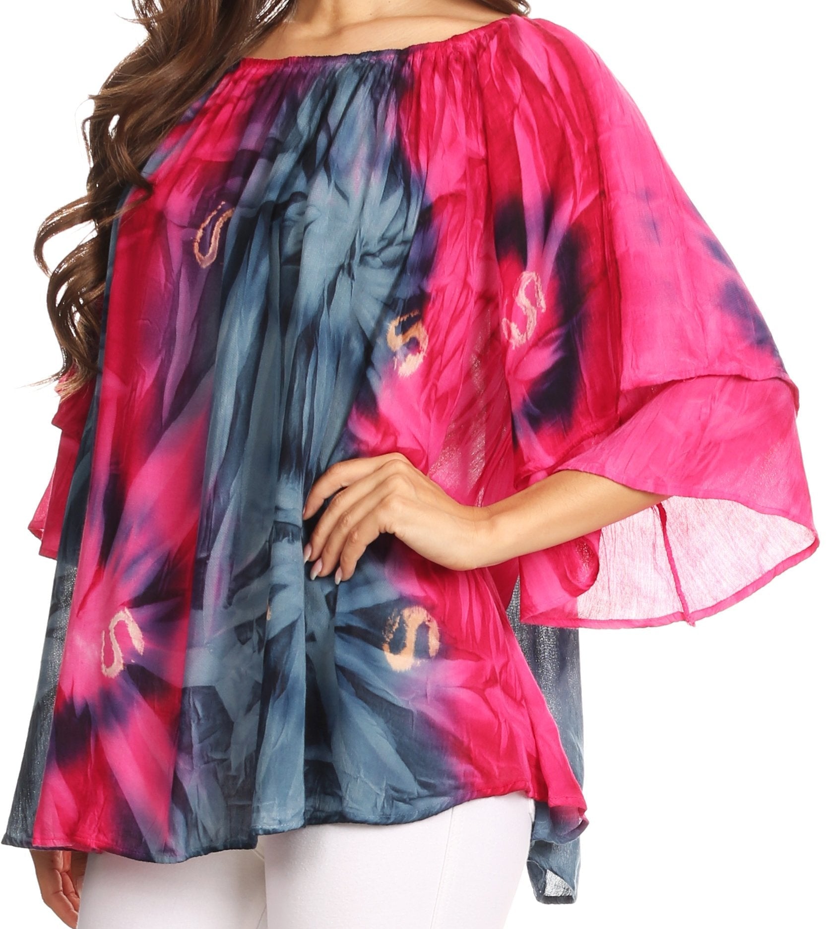 Sakkas - Alania Watercolor Tie Dye Double Bell Sleeve Raglan Blouse