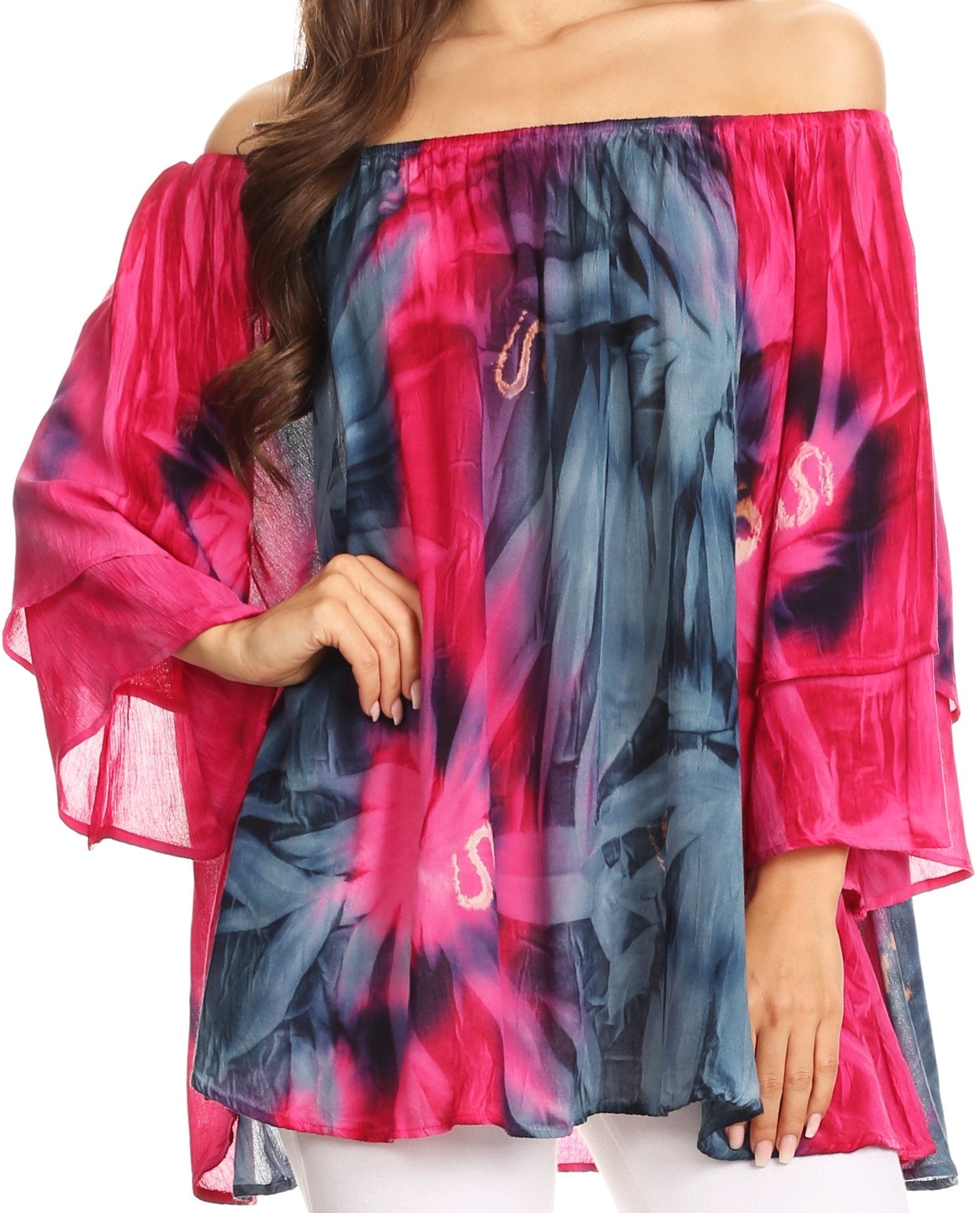 Sakkas - Alania Watercolor Tie Dye Double Bell Sleeve Raglan Blouse