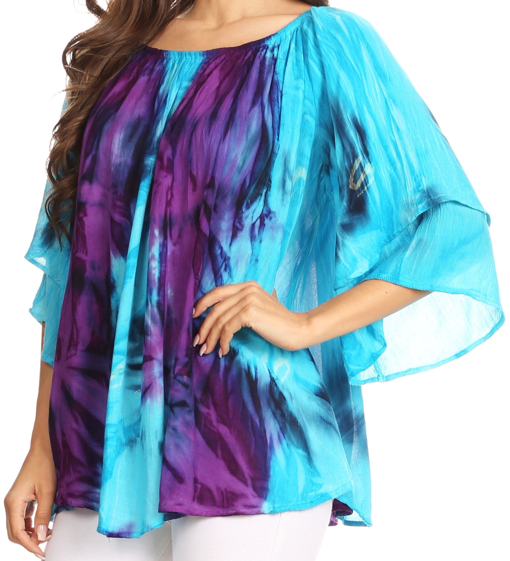 Sakkas - Alania Watercolor Tie Dye Double Bell Sleeve Raglan Blouse