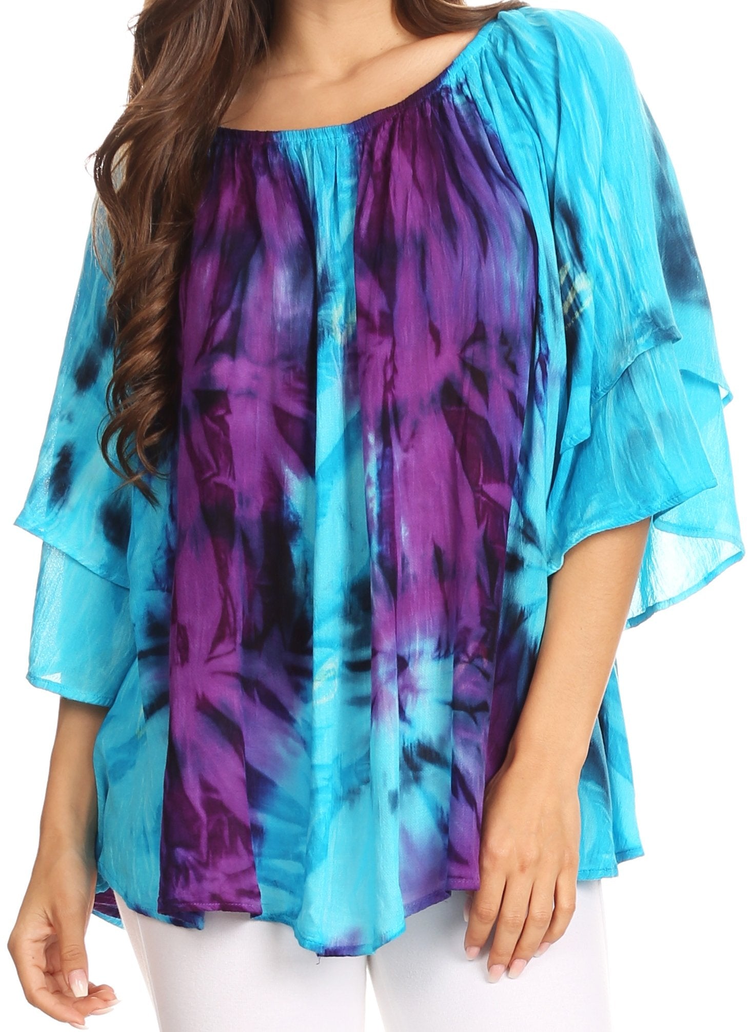 Sakkas - Alania Watercolor Tie Dye Double Bell Sleeve Raglan Blouse
